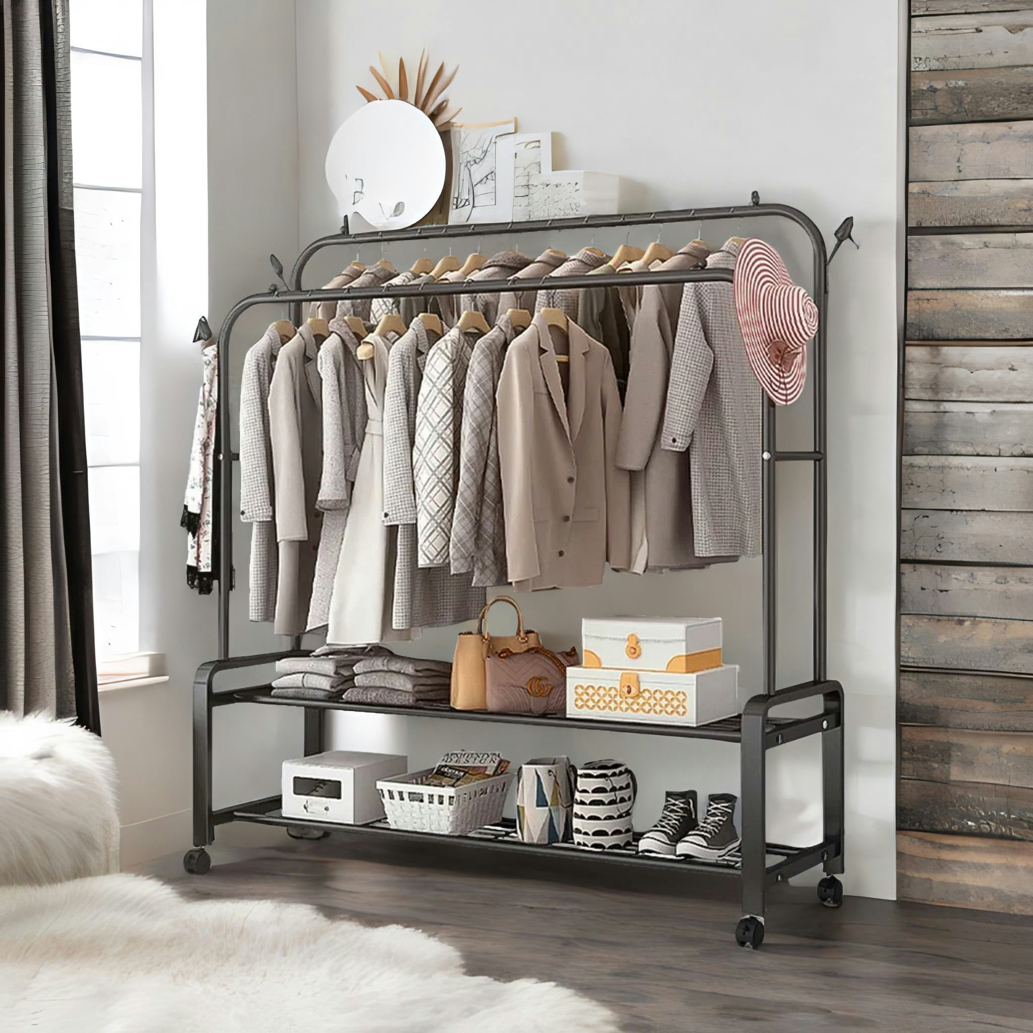 Rafaelo Mobilia Black Heavy Duty Metal Clothes Rail Open Wardrobe With 2 Storage Shelves