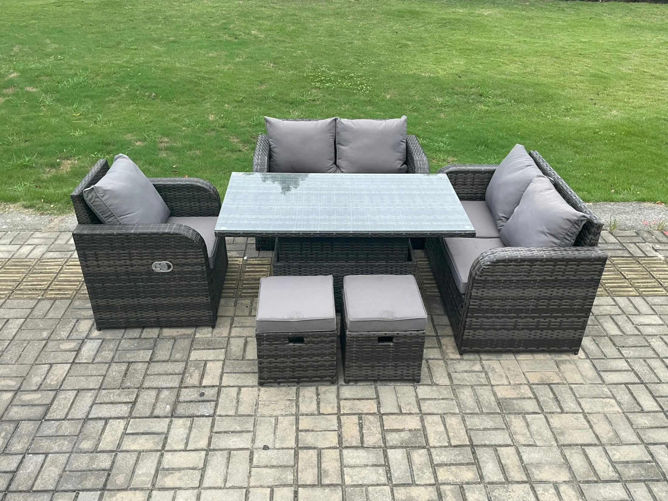 Rackhams Wicker Pe Rattan Furniture Garden Dining Set Outdoor Height Adjustable Rising Lifting Table Love Sofa With Reclining Chair 2 Small Footstools