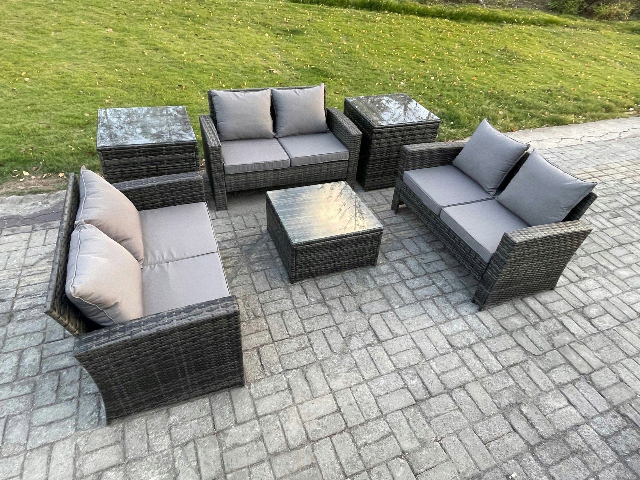 Fimous Dark/Grey 6 Pcs Outdoor Lounge Sofa Set Wicker Pe Rattan Garden Furniture Set With Square Coffee Table Double Seat Sofa 2 Side Tables Mixed
