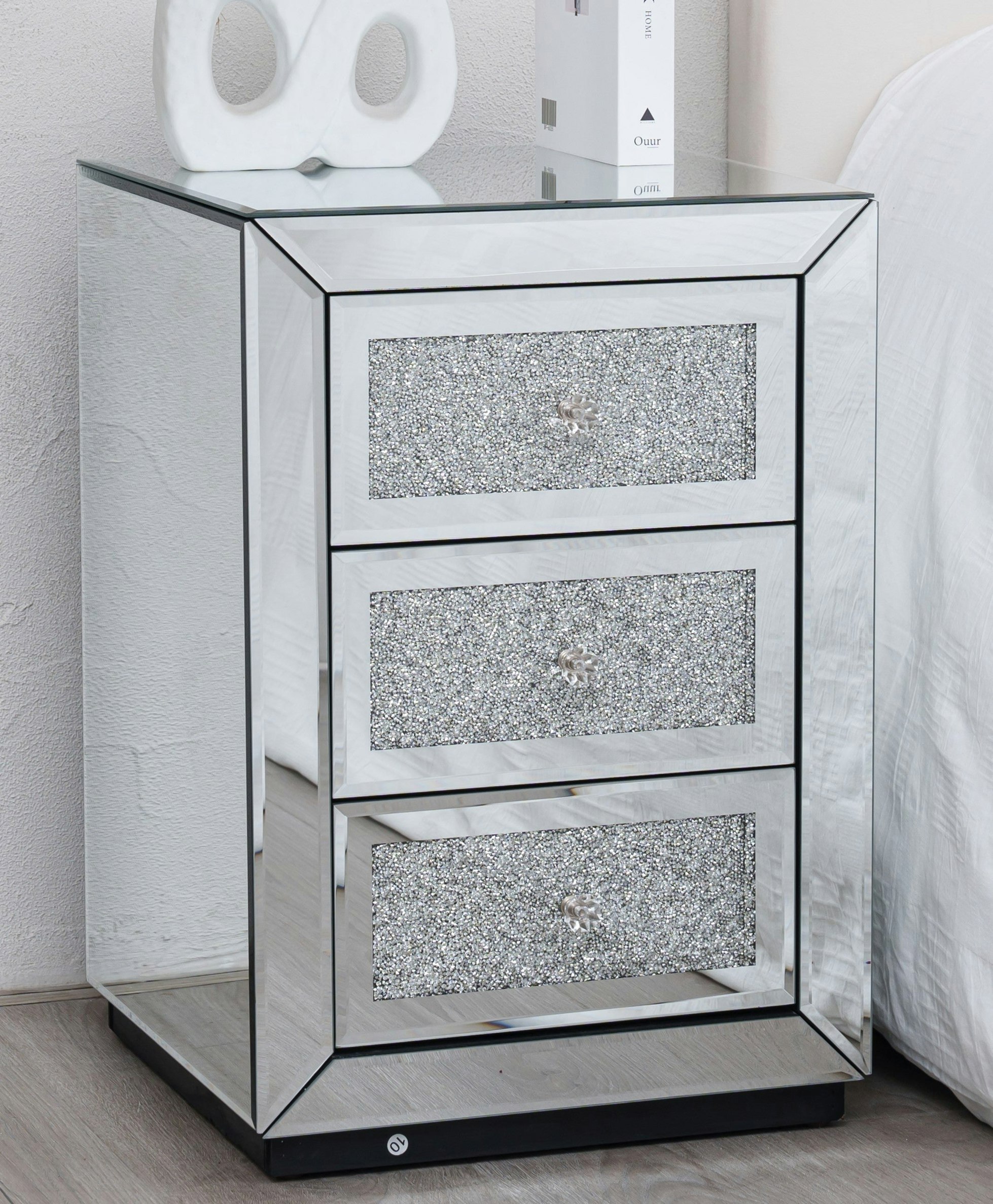 Rackhams Light Diamond Crystal Mirrored 3 Drawer Bedside Table Bedroom Furniture