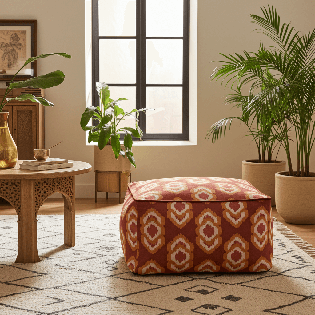 Rackhams Red Velora Square Floor Cushion Beanbag - Large Ikat Pattern Pouffe Seat