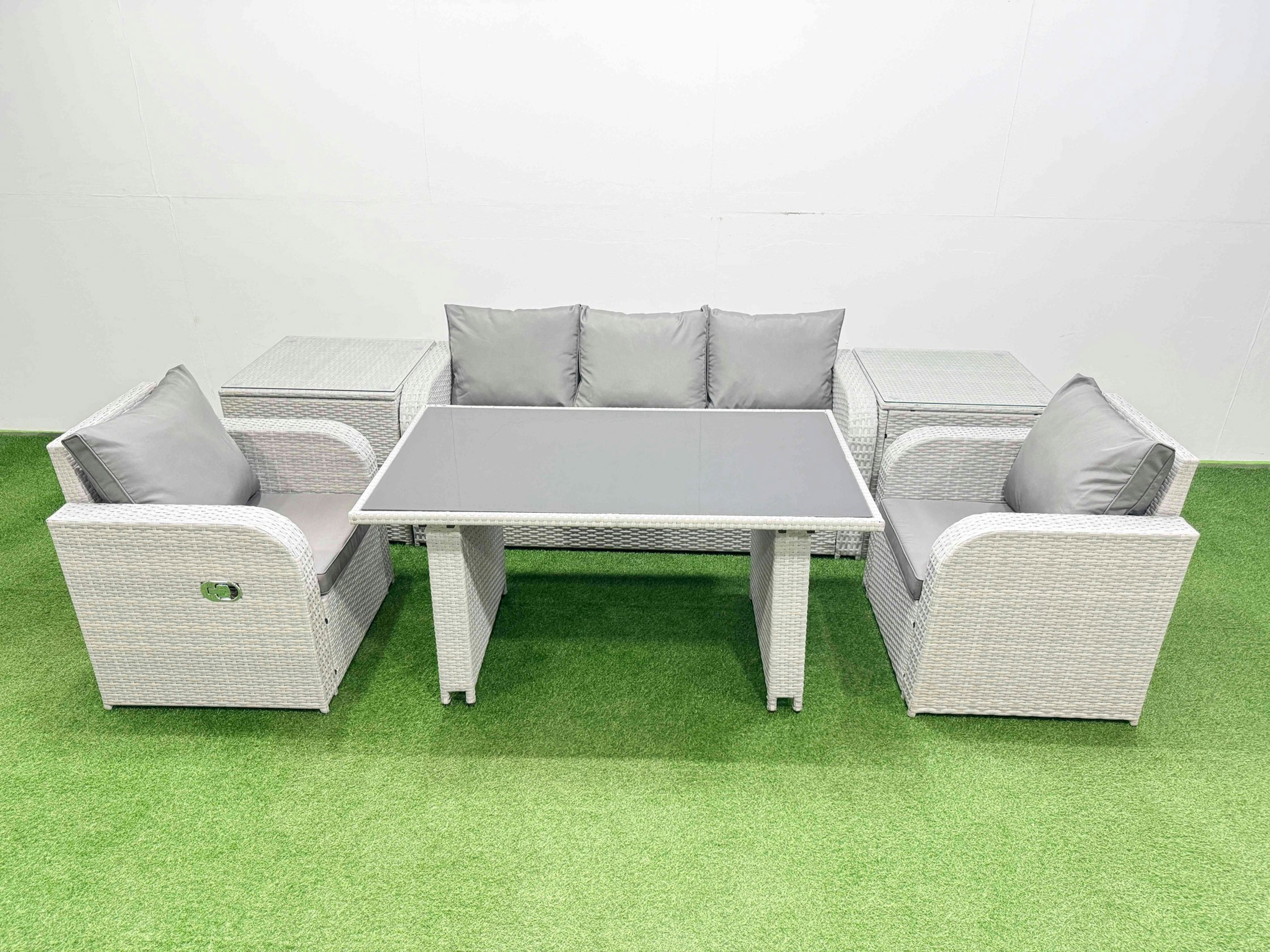 Rackhams Dark/Grey Outdoor Rattan Garden Furniture Dining Set 5 Seater Patio Rectangular Table 3 Seater Sofa Reclining Chair Set With 2 Side Tables