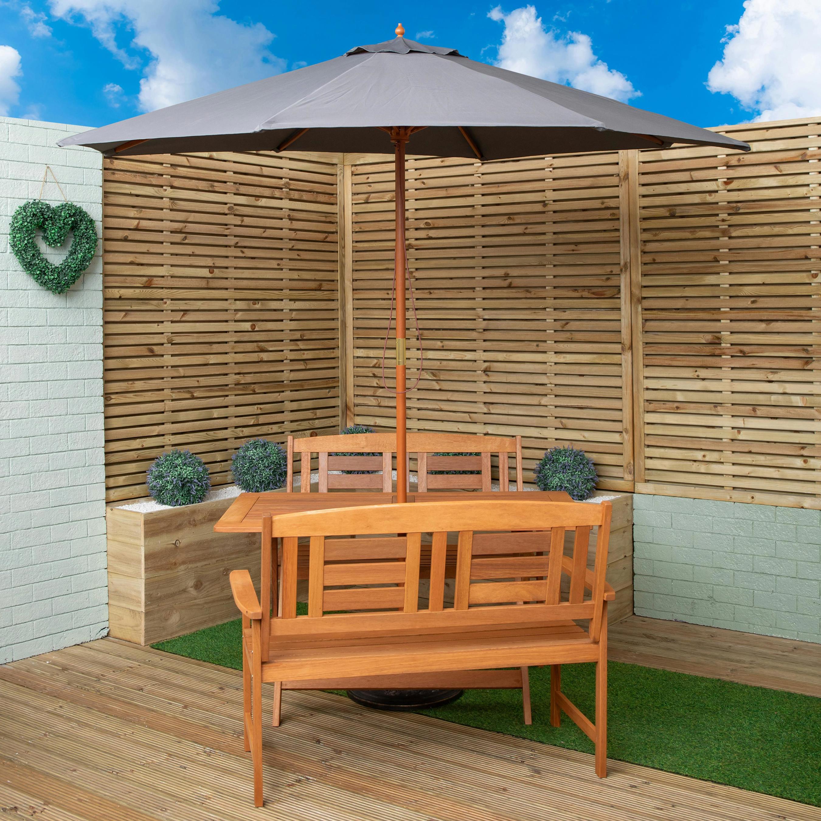 Samuel Alexander Grey Outdoor 4 Person Folding Rectangular Wooden Garden Dining Table Benches Parasol And Base Set - Outdoor Furniture Sets