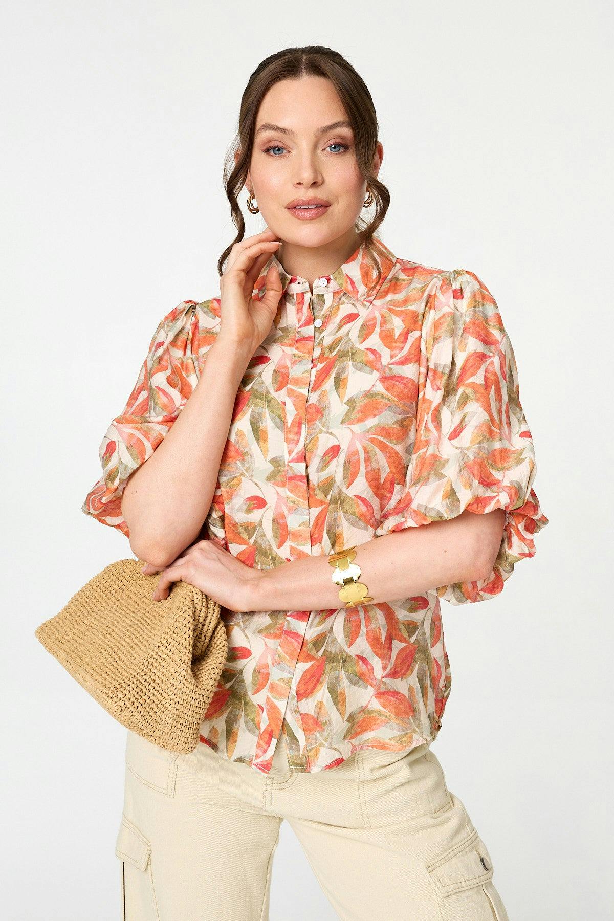 Izabel London Orange Leaf Print 1/2 Puff Sleeve Shirt - 10
