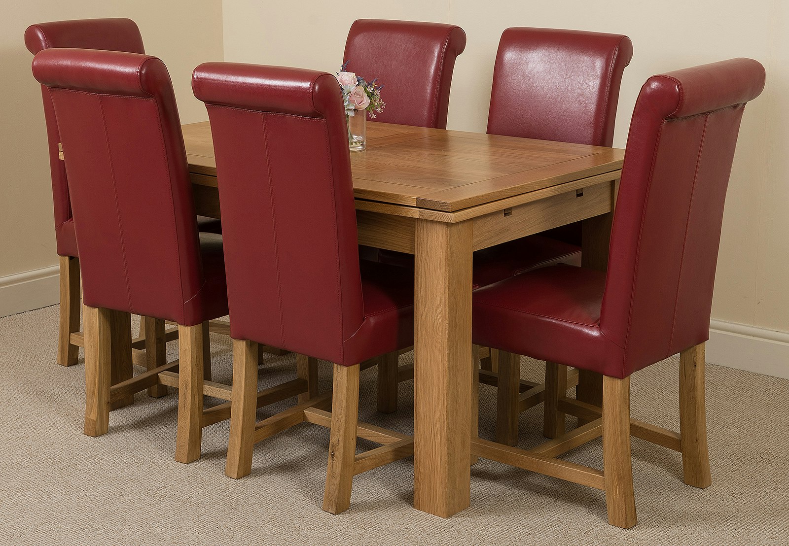 Rackhams Burgundy Richmond Medium Oak Extendable Dining Table With Washington Leather Chairs - 6 Chairs