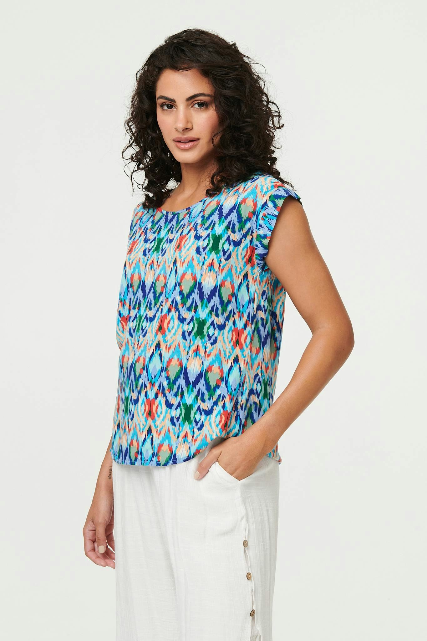 Izabel London Blue Printed Cap Sleeve Relaxed Blouse Top - 12