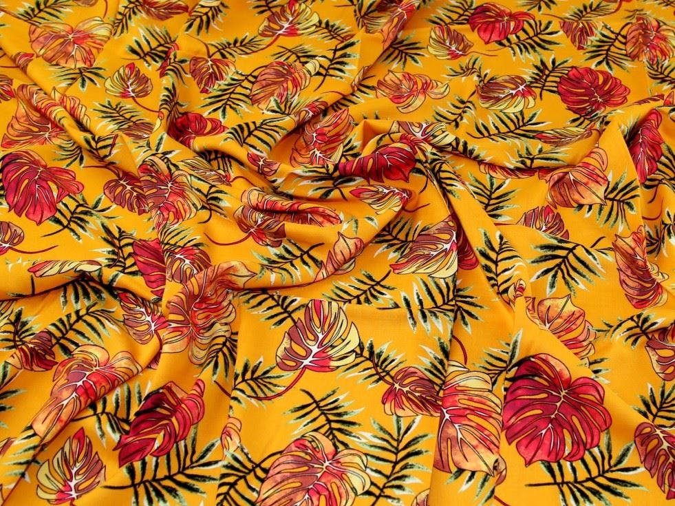 Minerva Core Range Amber Minerva Deadstock Viscose Challis Fabric - Plants Design Dressmaking Fabric, 140 Cm / 56" Wide - Per Metre