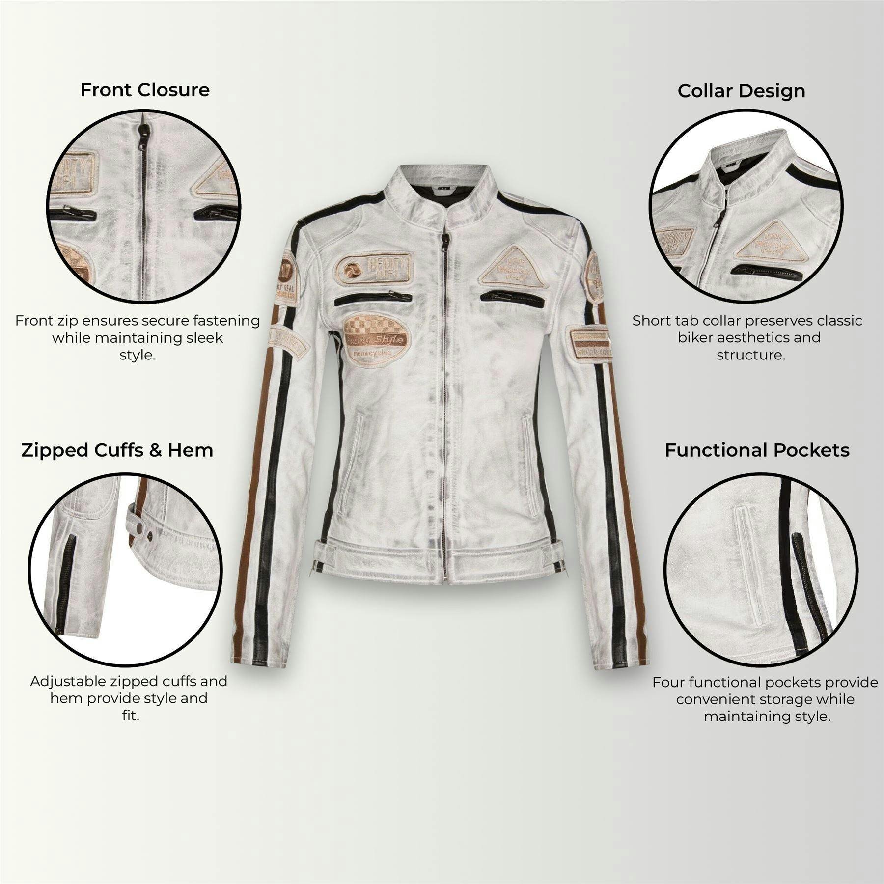 Infinity Leather Women's White Leather Biker Racing Badges Jacket-Agadir - Uk 2XL/18 | Eu 44 | Us 14