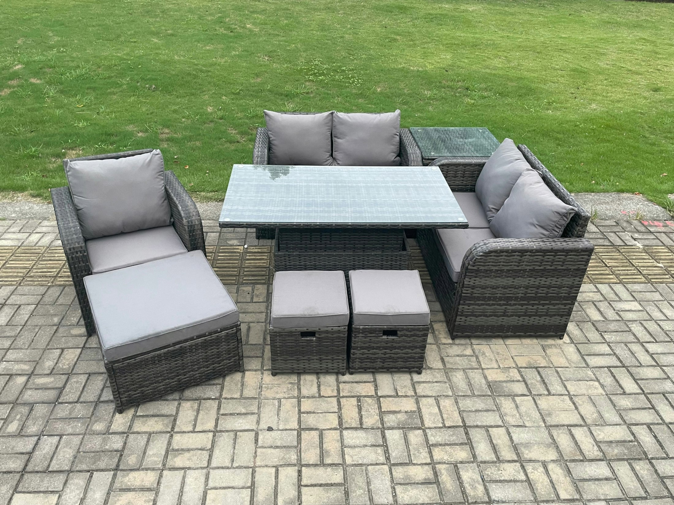 Rackhams Dark/Grey 8 Seater Rattan Furniture Garden Dining Set Outdoor Height Adjustable Rising Lifting Table Love Sofa Chair With Side Table 3 Footstools