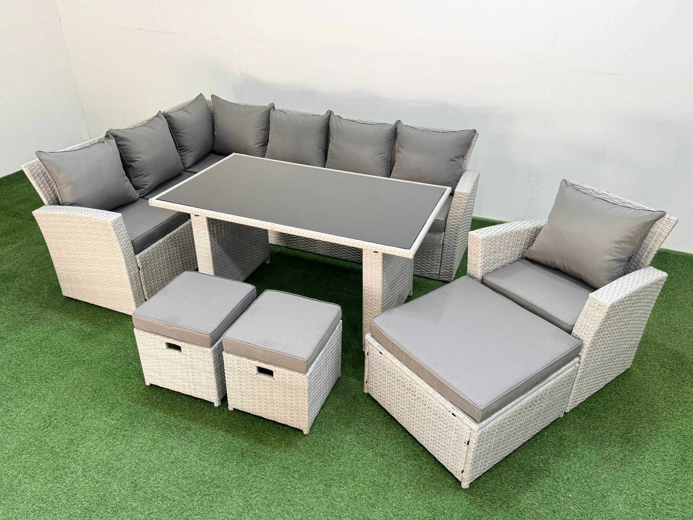 Rackhams Light/Grey 10 Seater Rattan Corner Sofa Outdoor Garden Furniture Set With Rectangular Dining Table Lounge Sofa 3 Footstools Armchair