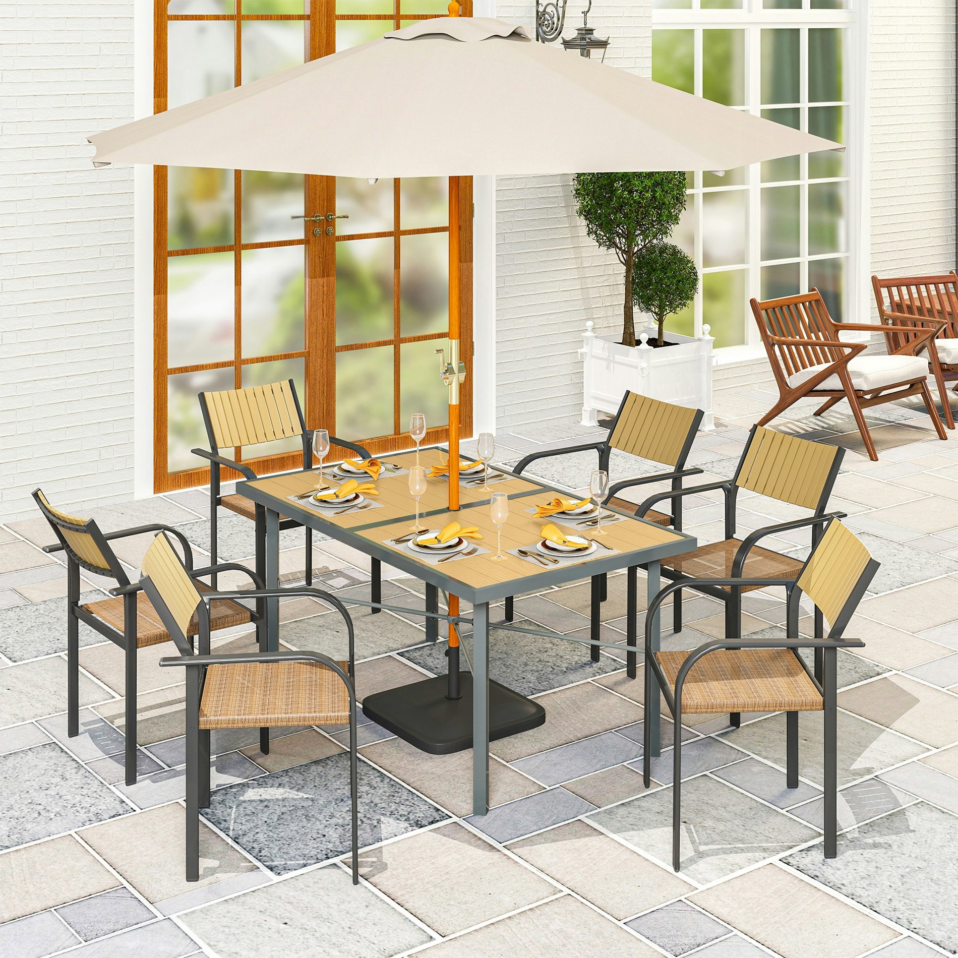 Outsunny Garden Table For 6, Outdoor Dining Table With 5Cm Umbrella Hole