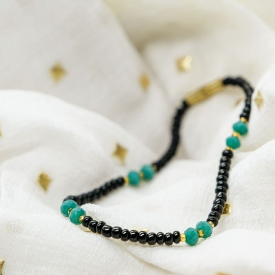 The Colourful Aura Black/Silver/Green Multicolour Beaded Indian Nazar Magalsutra Everyday Bracelet - 7 Inches