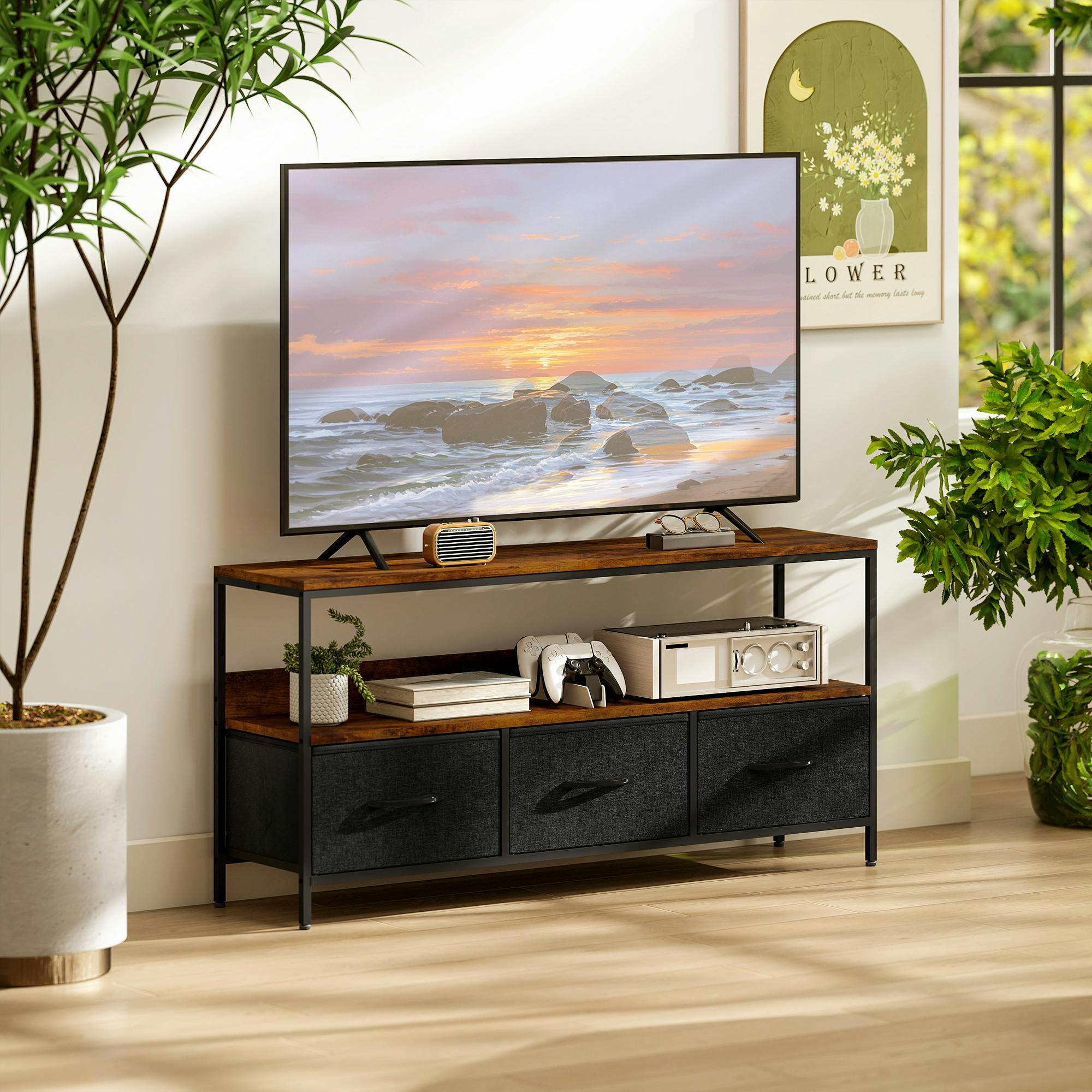 Rackhams Black/Brown Tv Cabinet, Tv Console Unit With 3 Foldable Linen Drawers - Rustic - Rustic Wood - 1