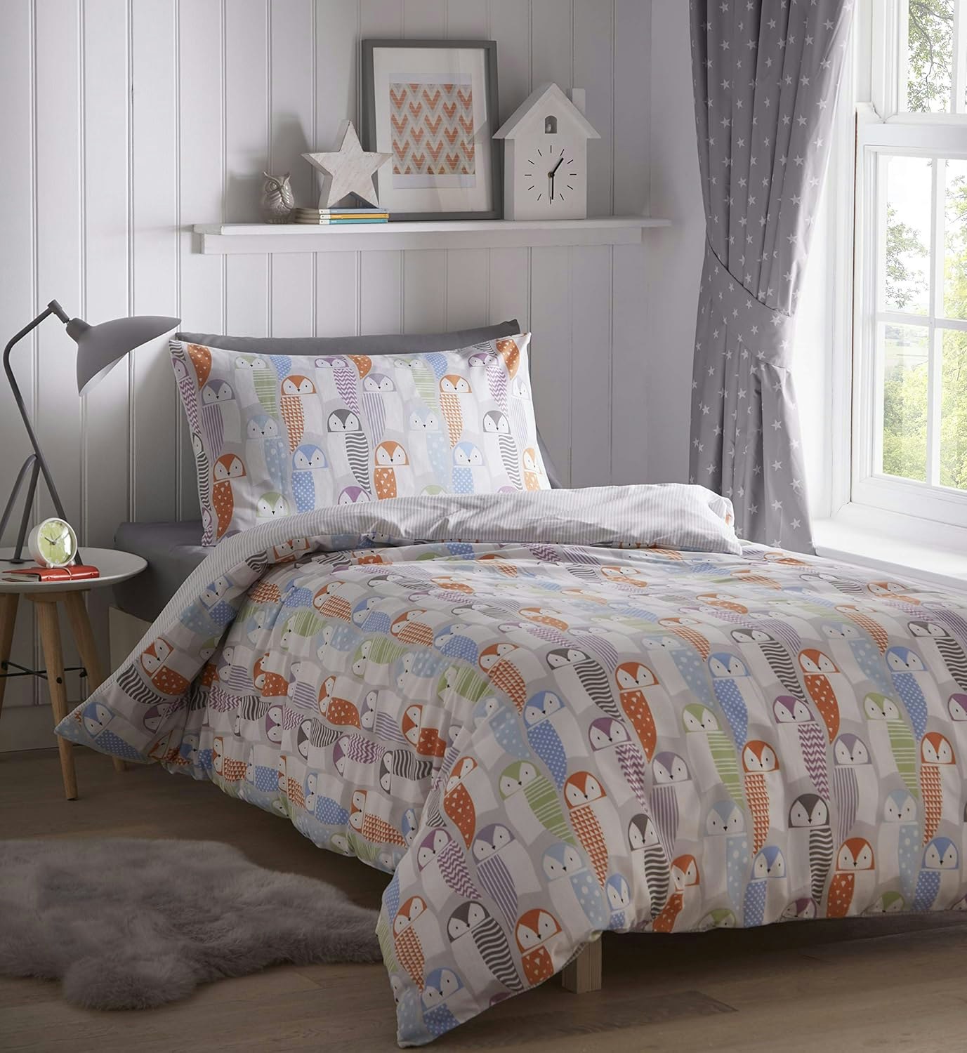 Rackhams Grey/White Owls Children Bedding Duvet Cover Set - Multi