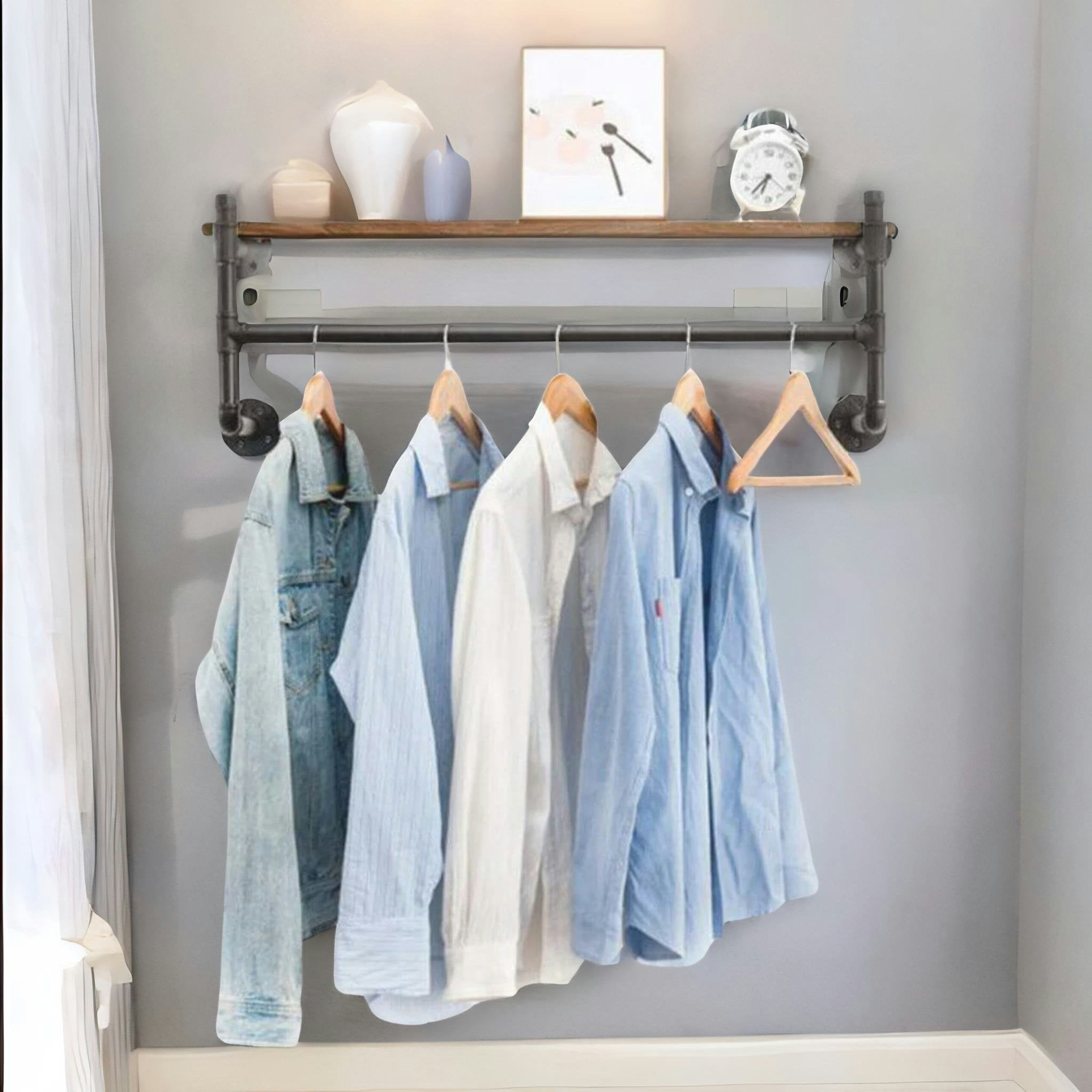 Rackhams Brown Industrial Pipe Wall-Mounted Floating Shelf With Hanging Rail