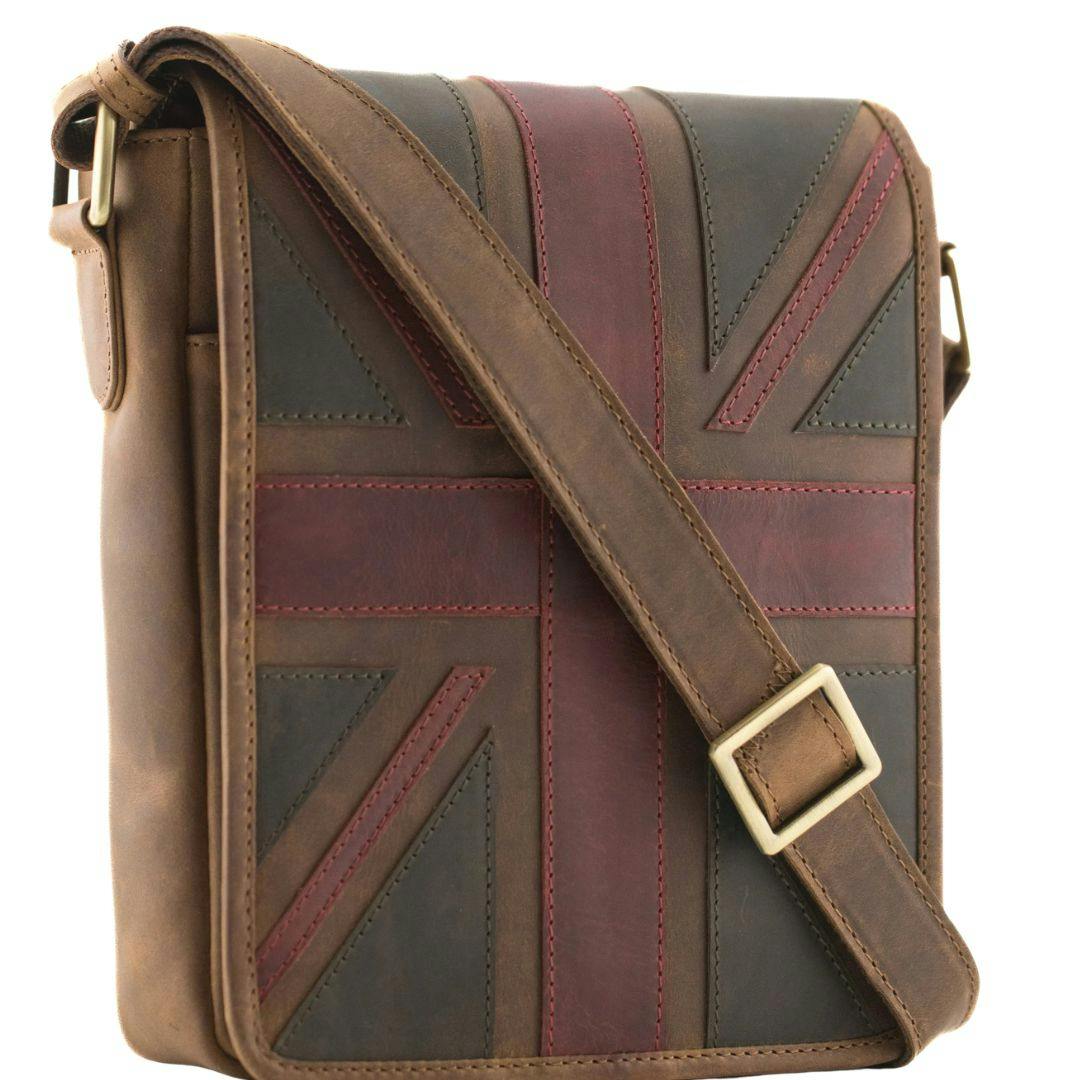 Mala Leather Men's Brown Union Jack Vintage Flap Crossbody