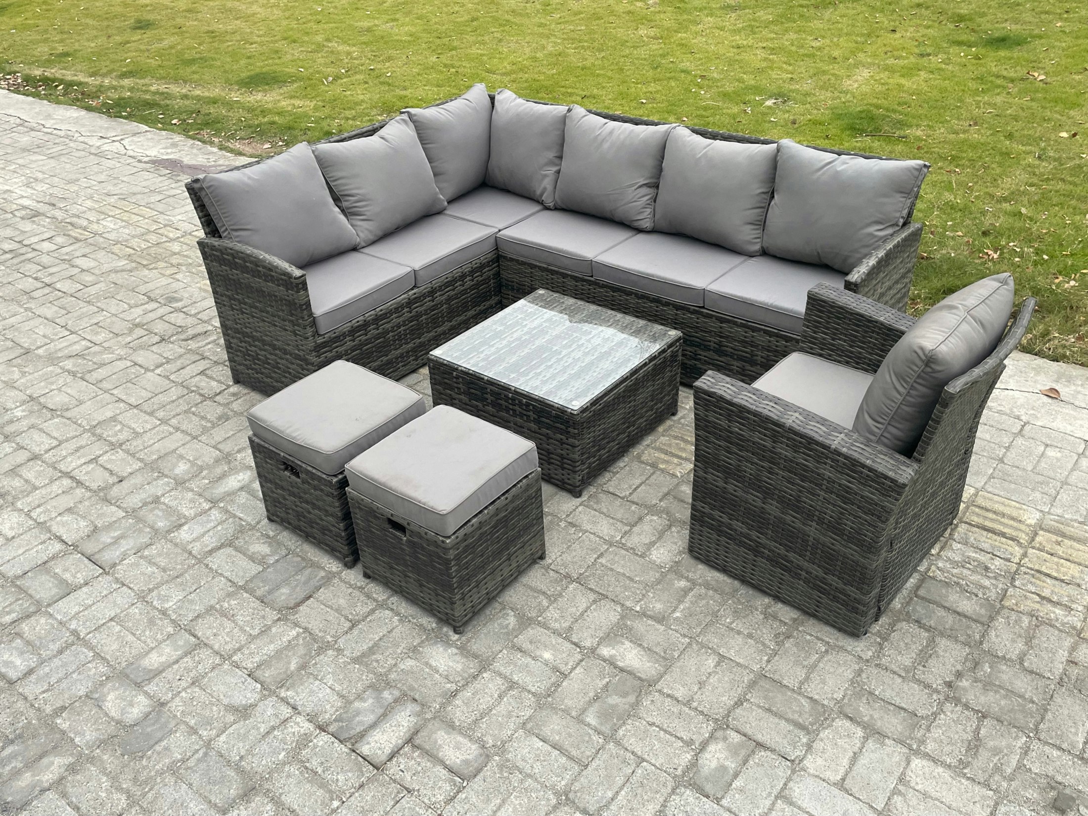 Rackhams Dark/Grey 9 Seater Outdoor Garden Furniture Set Wicker Pe Rattan Corner Sofa Set With Square Coffee Table 2 Small Footstools Armchair Mixed