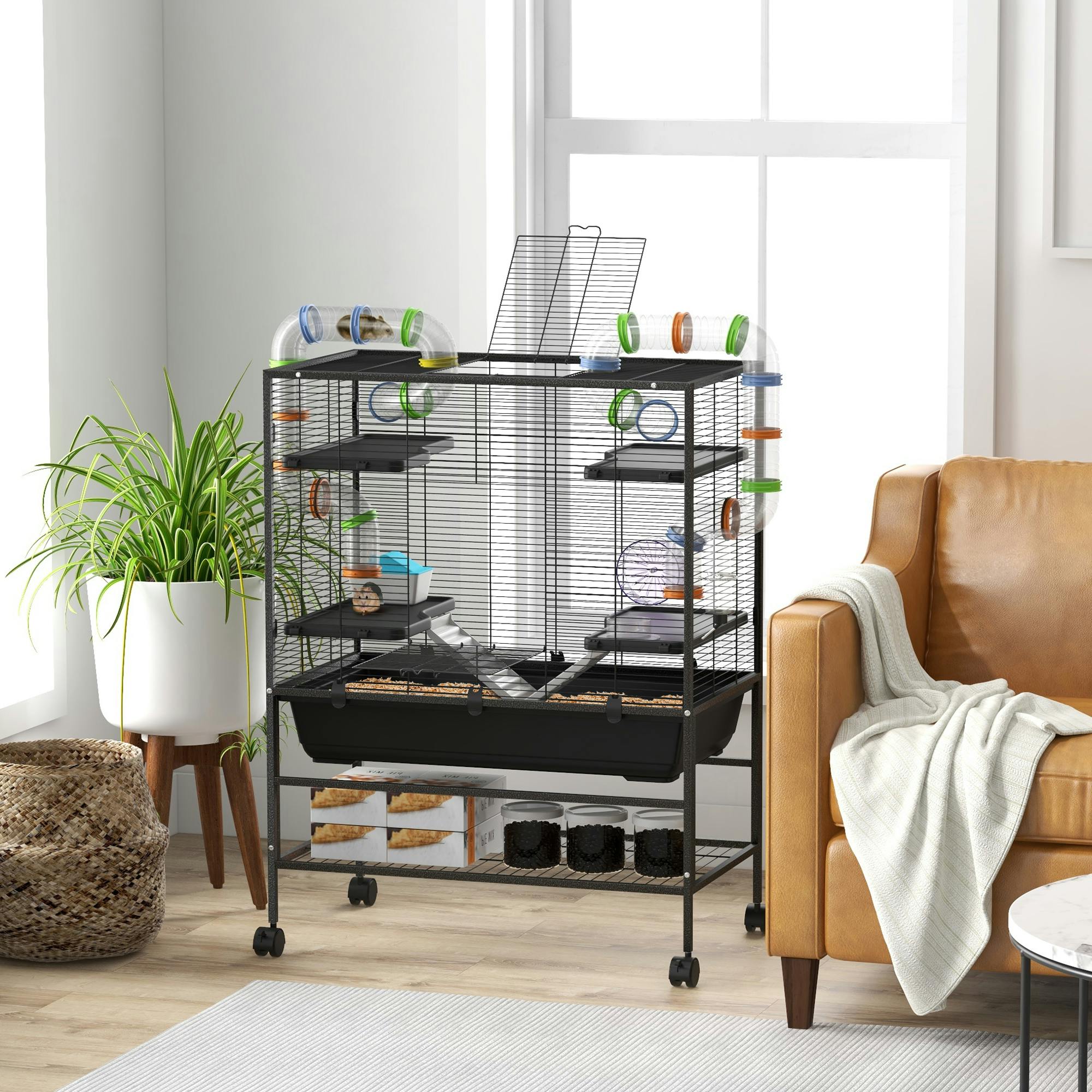 Pawhut Large Hamster Cage, Rat Cage W/ Wheels, Tubes, Storage Shelf, Ramps
