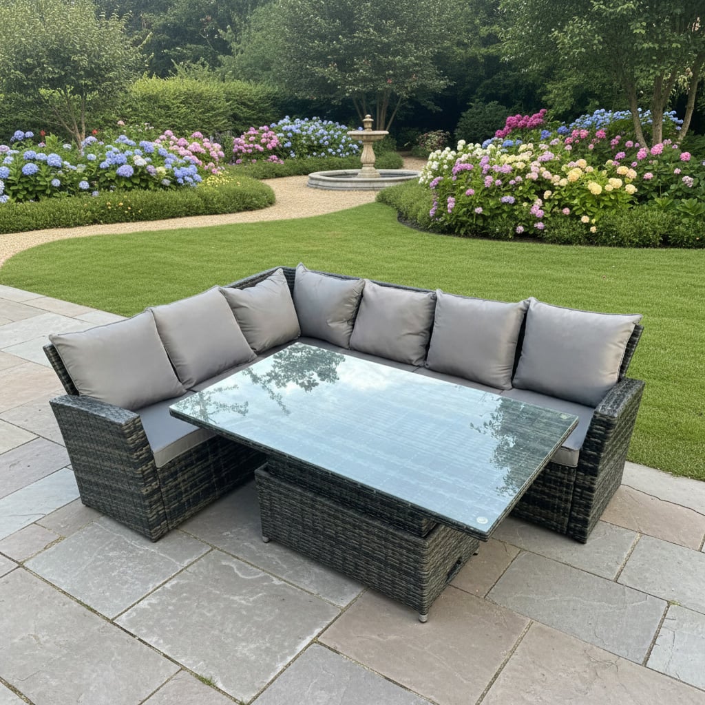 Fimous Dark/Grey 6 Seater High Back Rattan Corner Sofa Set With Adjustable Table