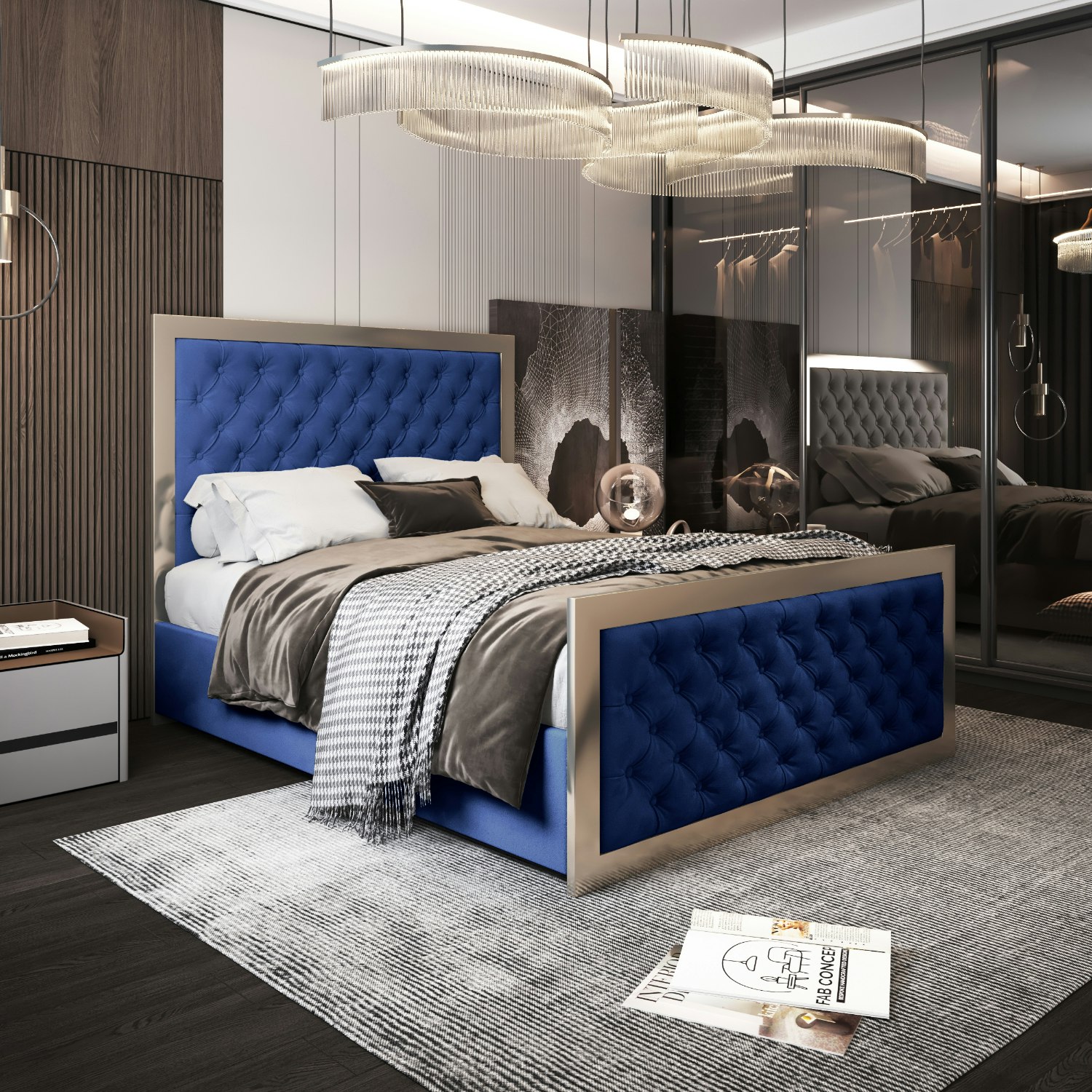 Rackhams Blue Maddison Upholstered Soft Velvet Metal Bed Frame - Super King
