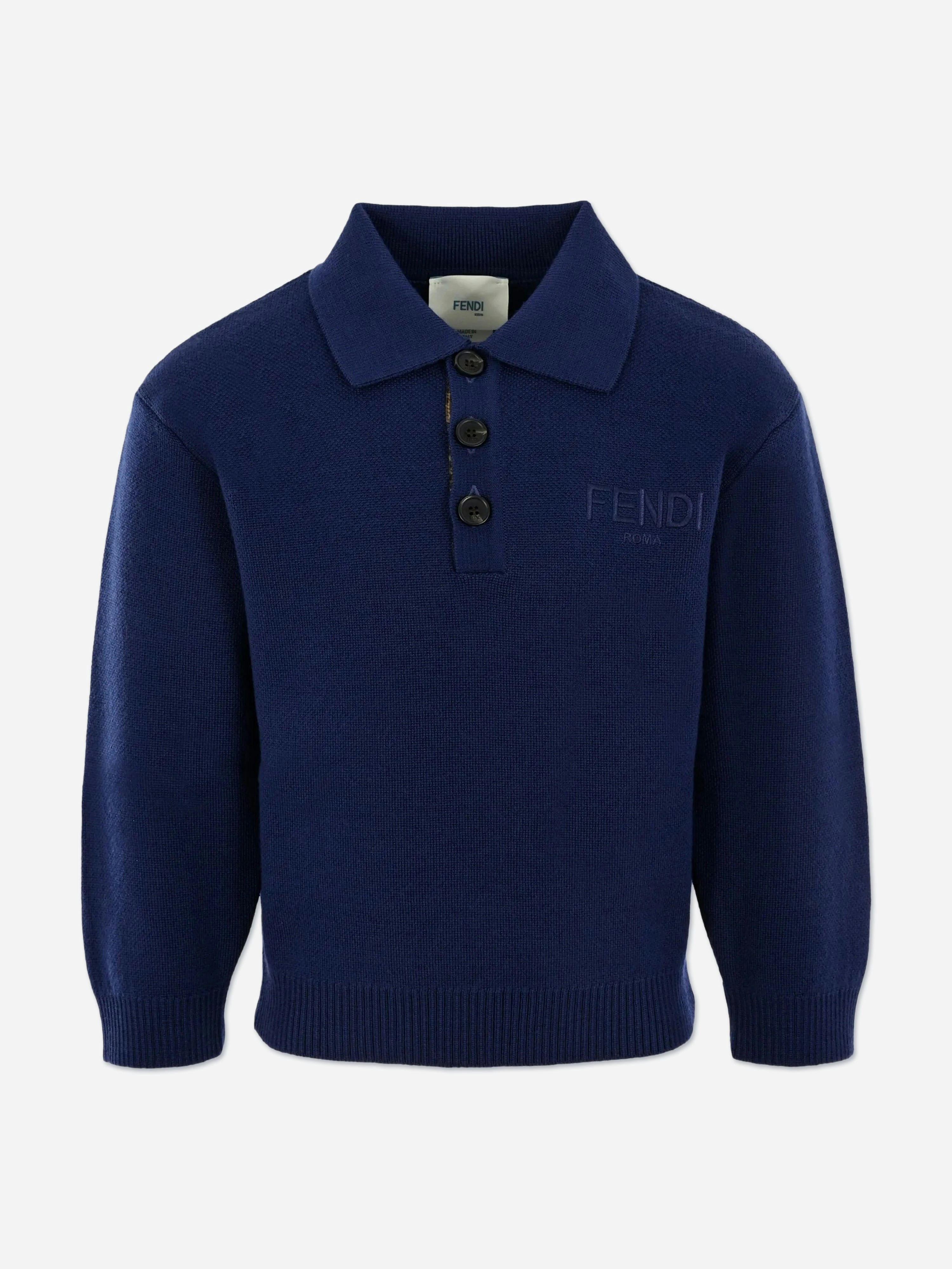 Fendi Kids Boys Blue Fendi Wool Knit Logo Sweatshirt In Navy - 8 Yrs
