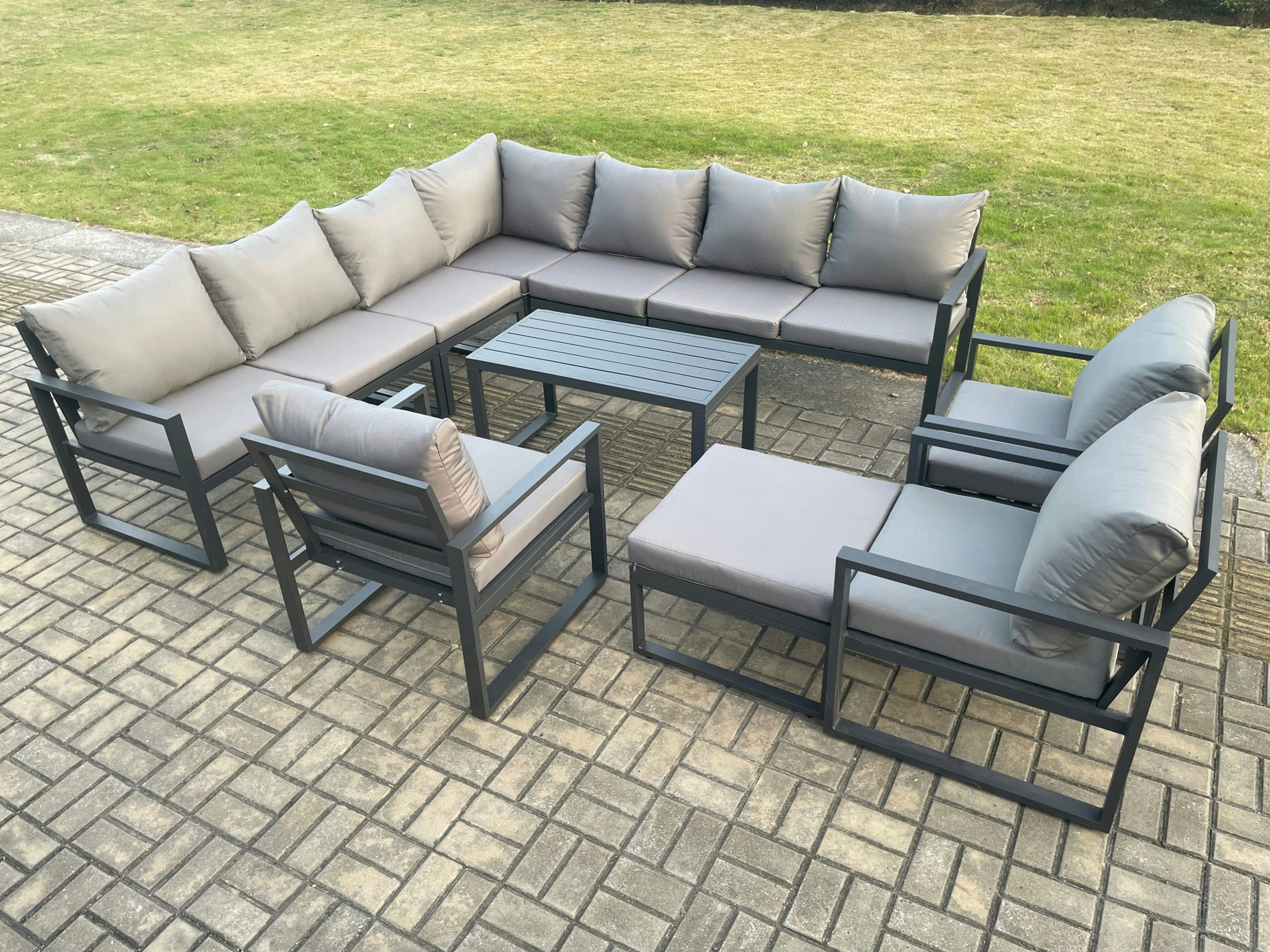Rackhams Dark/Grey Aluminium Patio Outdoor Garden Furniture Lounge Corner Sofa Set With Oblong Coffee Table Big Footstool 3 Chair