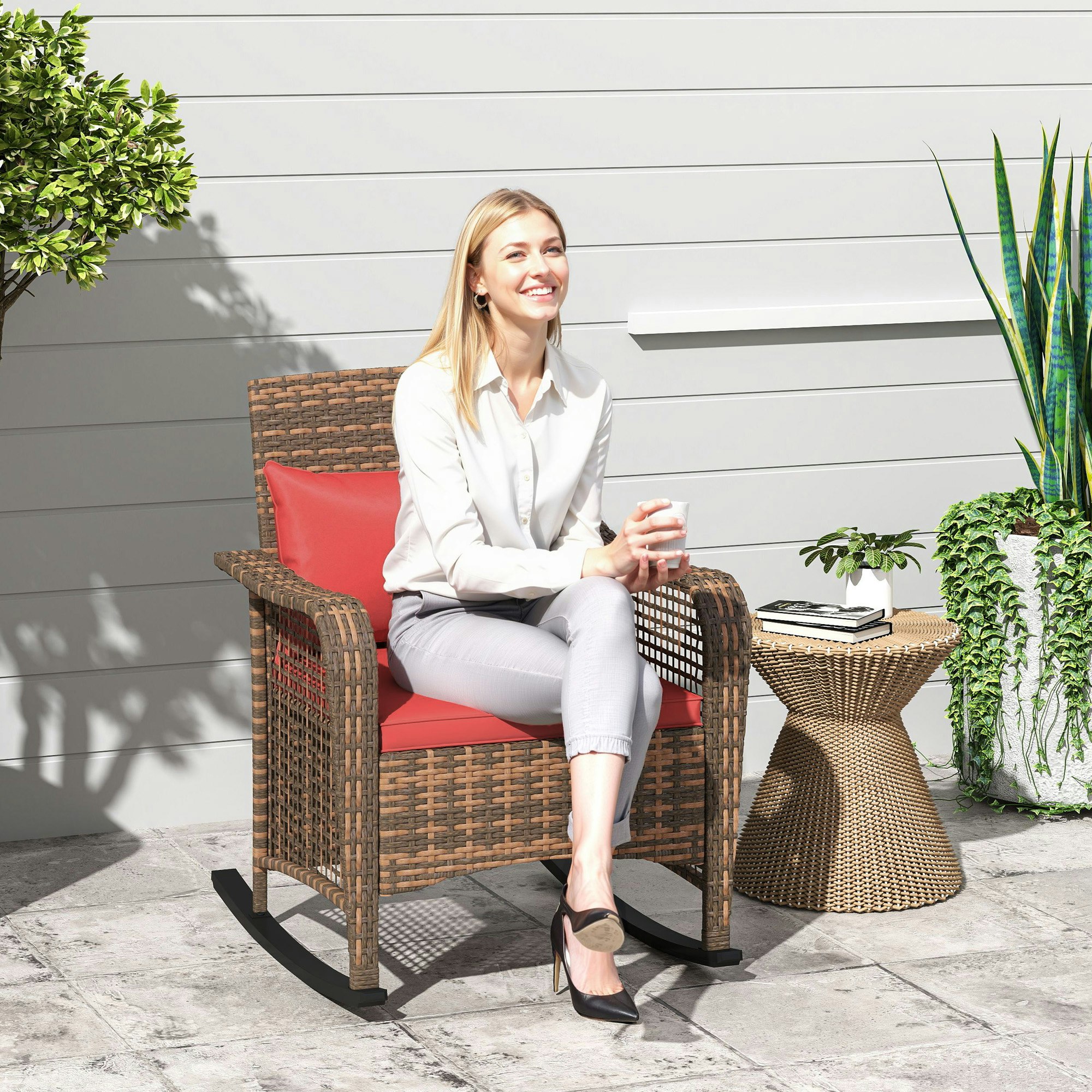 Rackhams Red Rattan Garden Rocking Chair W/ Seat And Back Cushions,