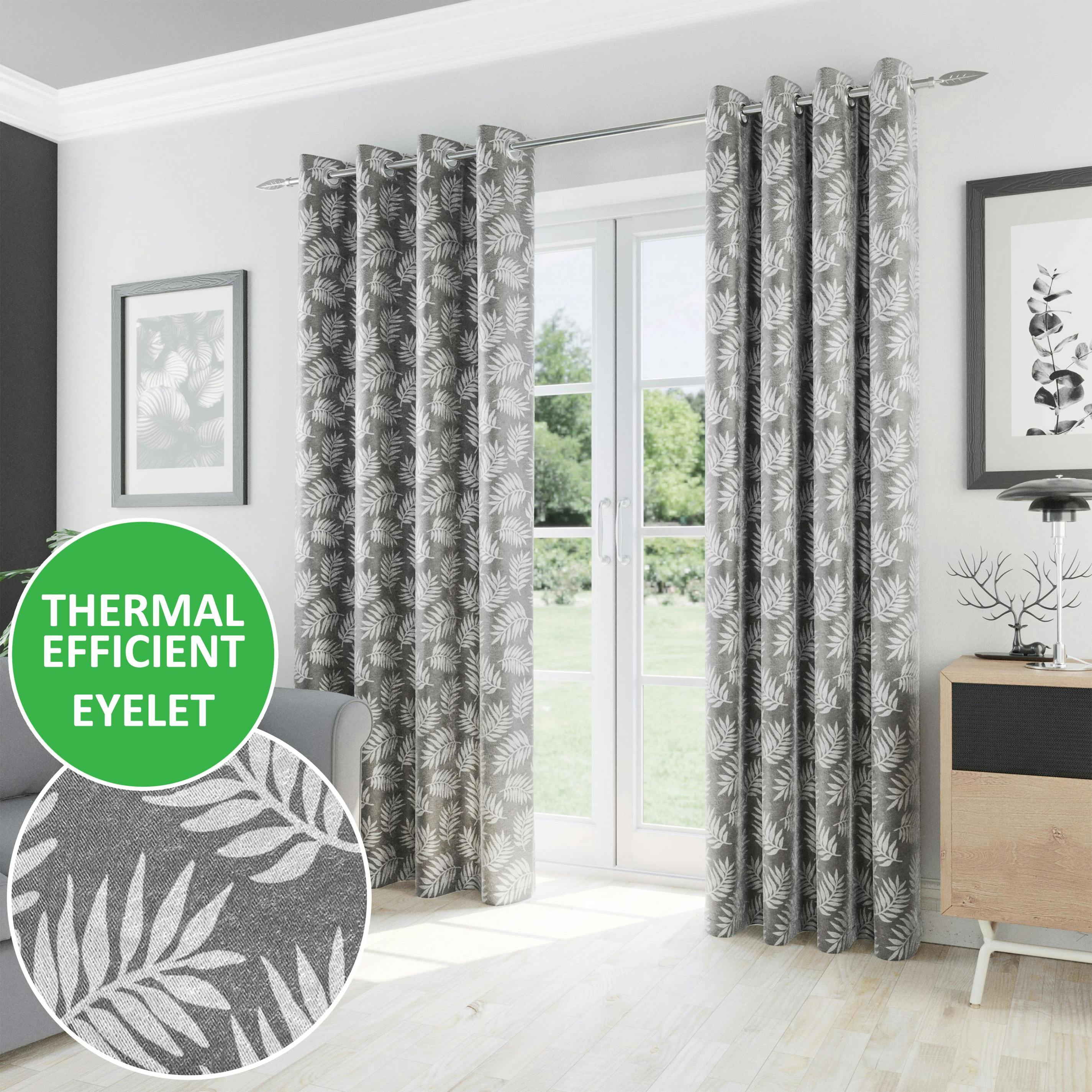 Enhanced Living Grey Oakland Floral Leaf Pattern Thermal Room Darkening Pair Of Curtains With Eyelets - 90" (229Cm) Width X 90" (229Cm) Drop