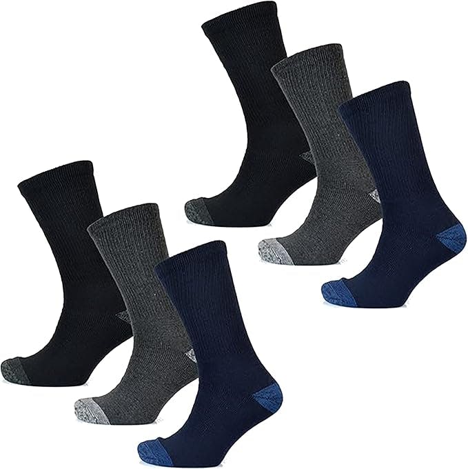 Kav Men's Black/Dark/Grey Six Pairs Big Foot Crew Socks - Cushion Comfort Breathable Heel And Toe Protection - Extra Thick Sock For Boot, Mechanic, Builder, Worker - Multicolour Pack Of 6