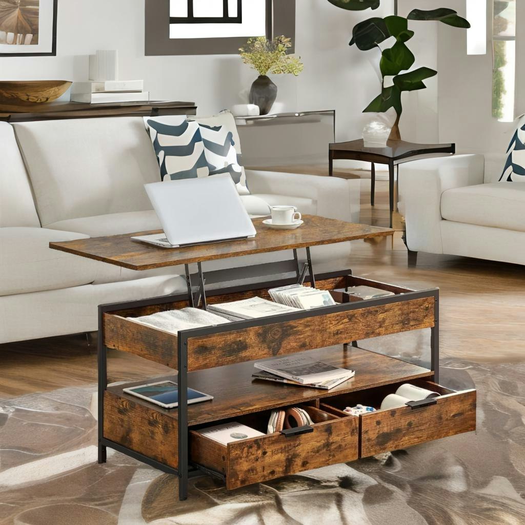 Rackhams Brown Industrial Large Lift Top Coffee Table With Drawers Rustic