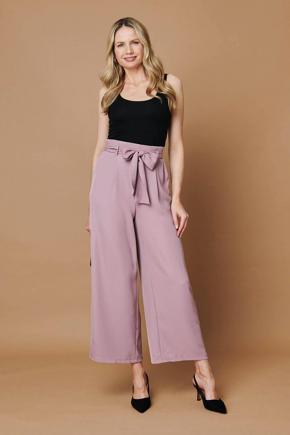 Izabel London Pink Tie Front High Waist Wide Leg Trousers - 18