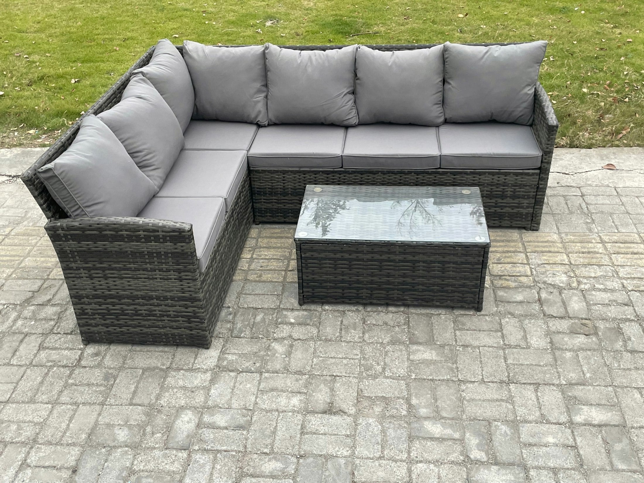 Fimous Dark/Grey Rattan Lounge Corner Sofa Set Wicker Pe Outdoor Garden Furniture Set With Rectangular Coffee Table Mixed