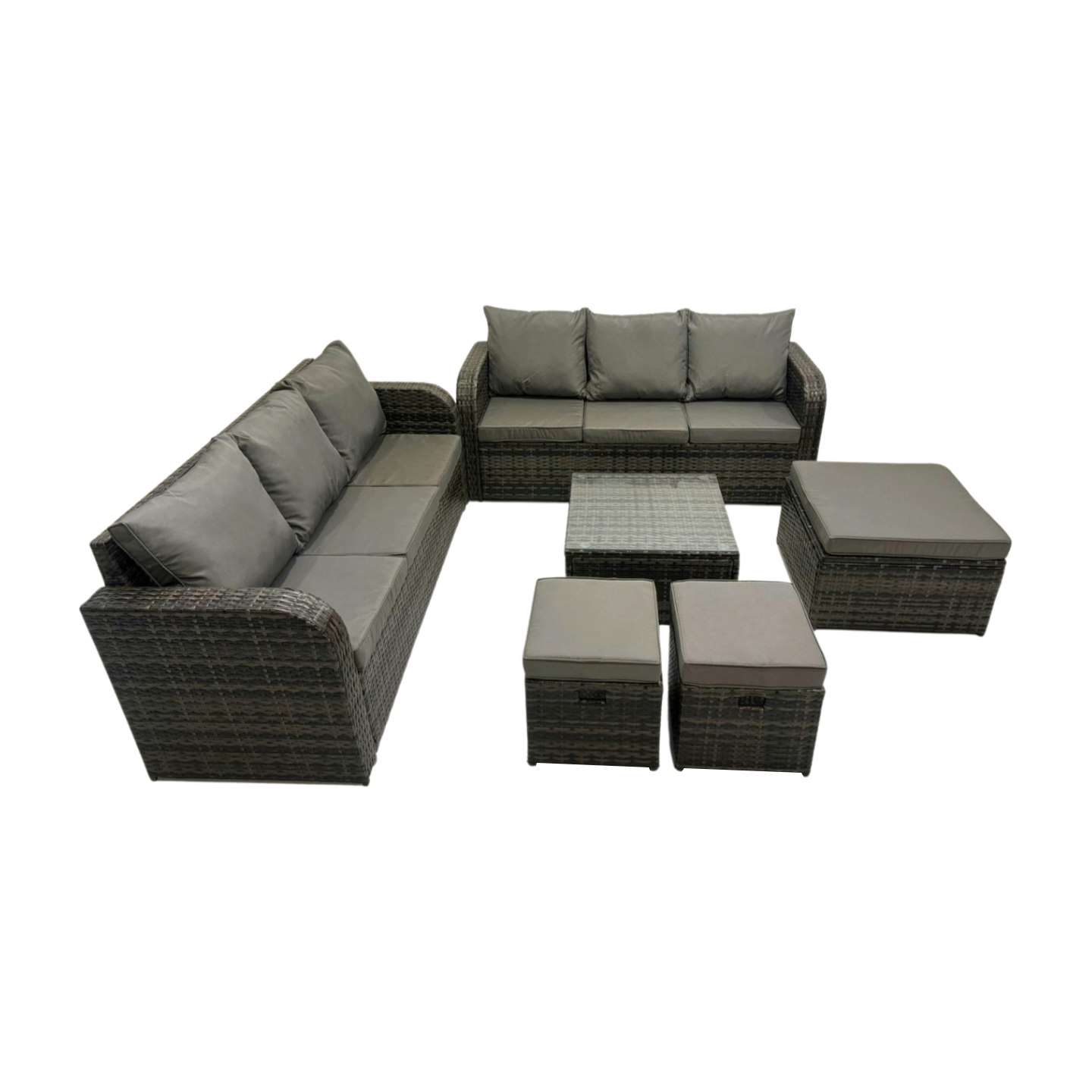 Rackhams Dark/Grey Rattan Garden Outdoor Furniture Set 3 Seater Sofa Square Coffee Table Set With 3 Stools Mixed