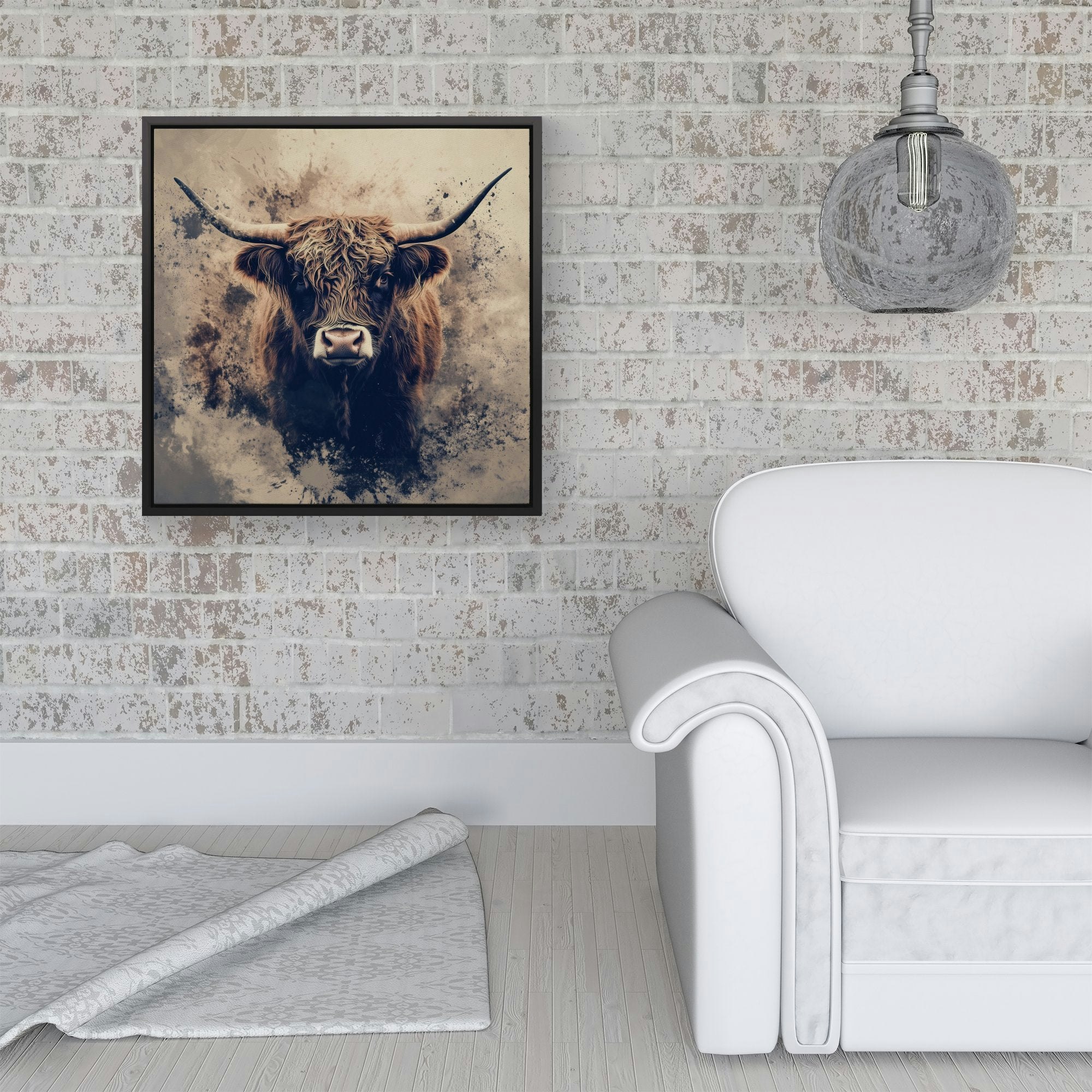 Warren Reed Black Moody Splashart Highland Cow Framed Canvas - 16" X 16"