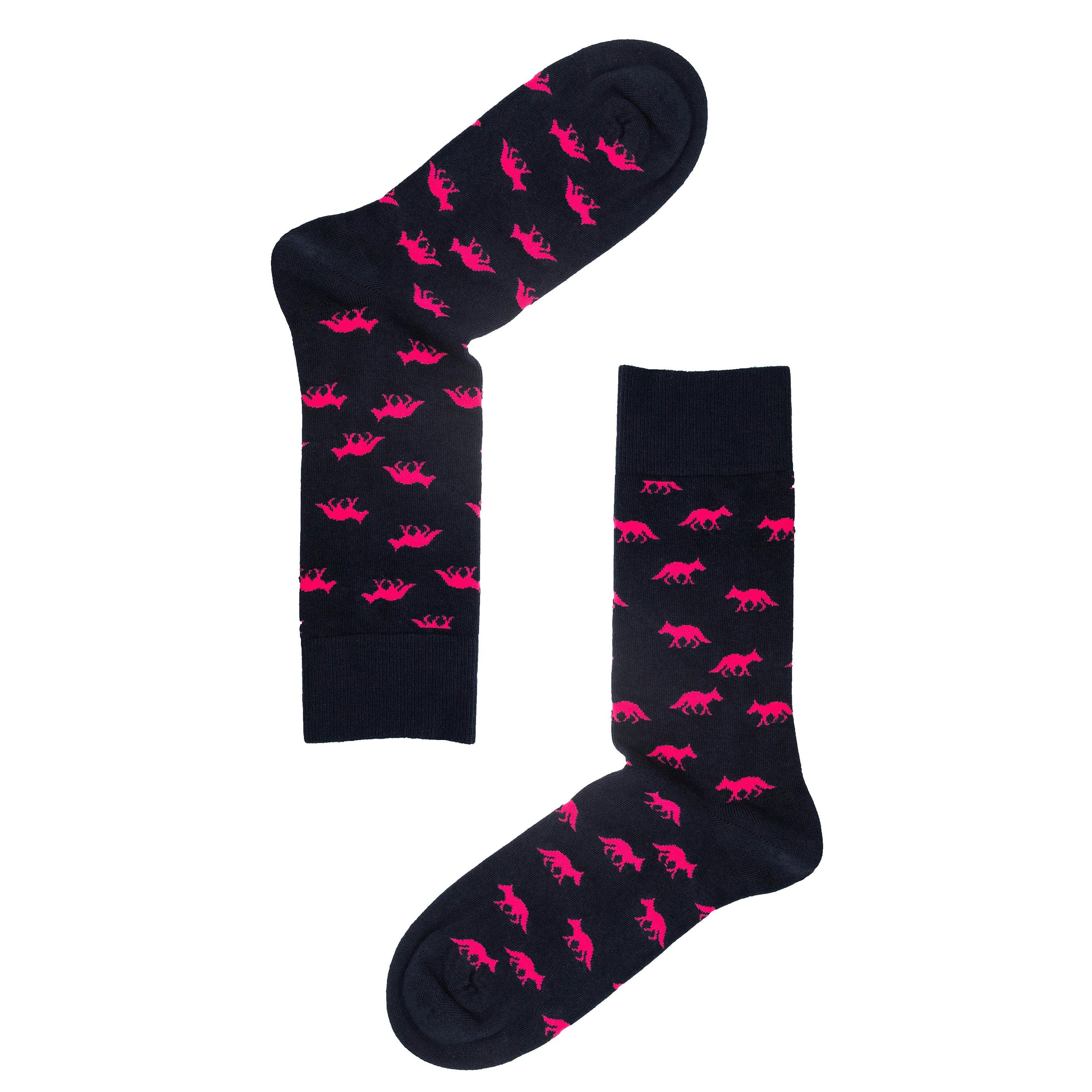 Jemsox Men's Pink Lone Fox Design Socks – Organic Cotton Super Soft - Large / Eur 43-46 / Uk 9-11