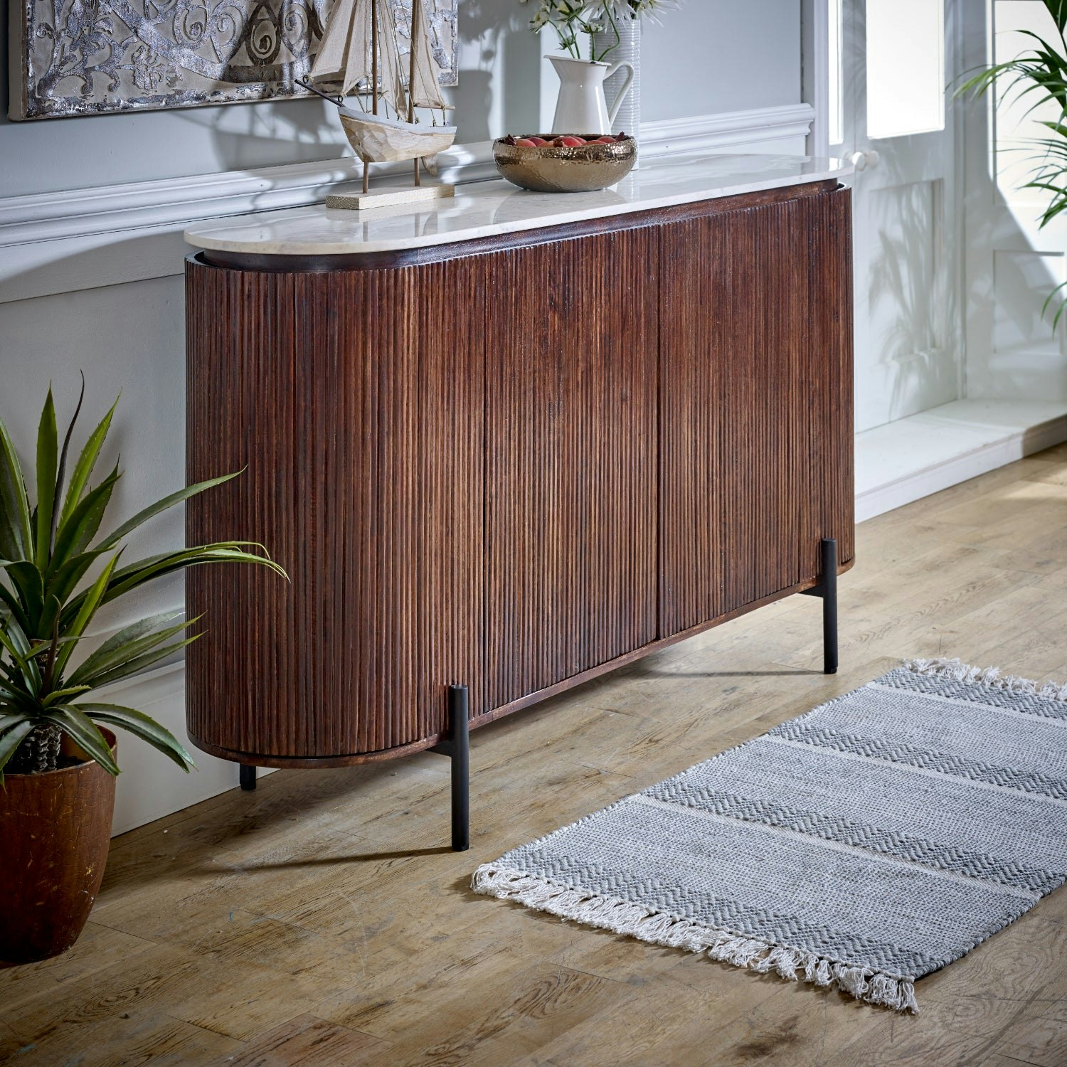 Rackhams Miel Mango Wood Sideboard With Marble Top & Metal Legs - Lacquered - Wood - 1