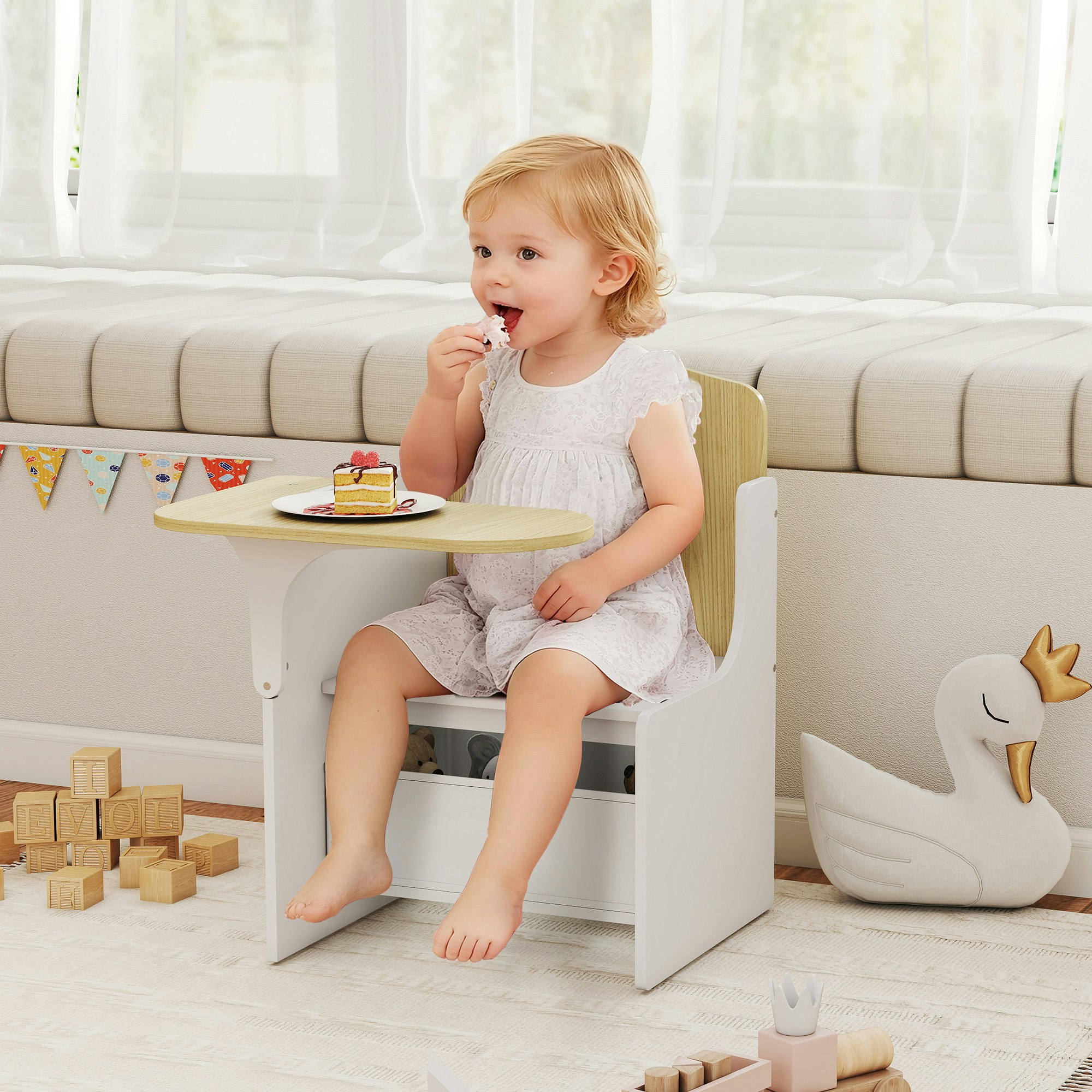 Aiyaplay White Kids Table And Chair Set, Toddler Desk Chair With Storage Bins