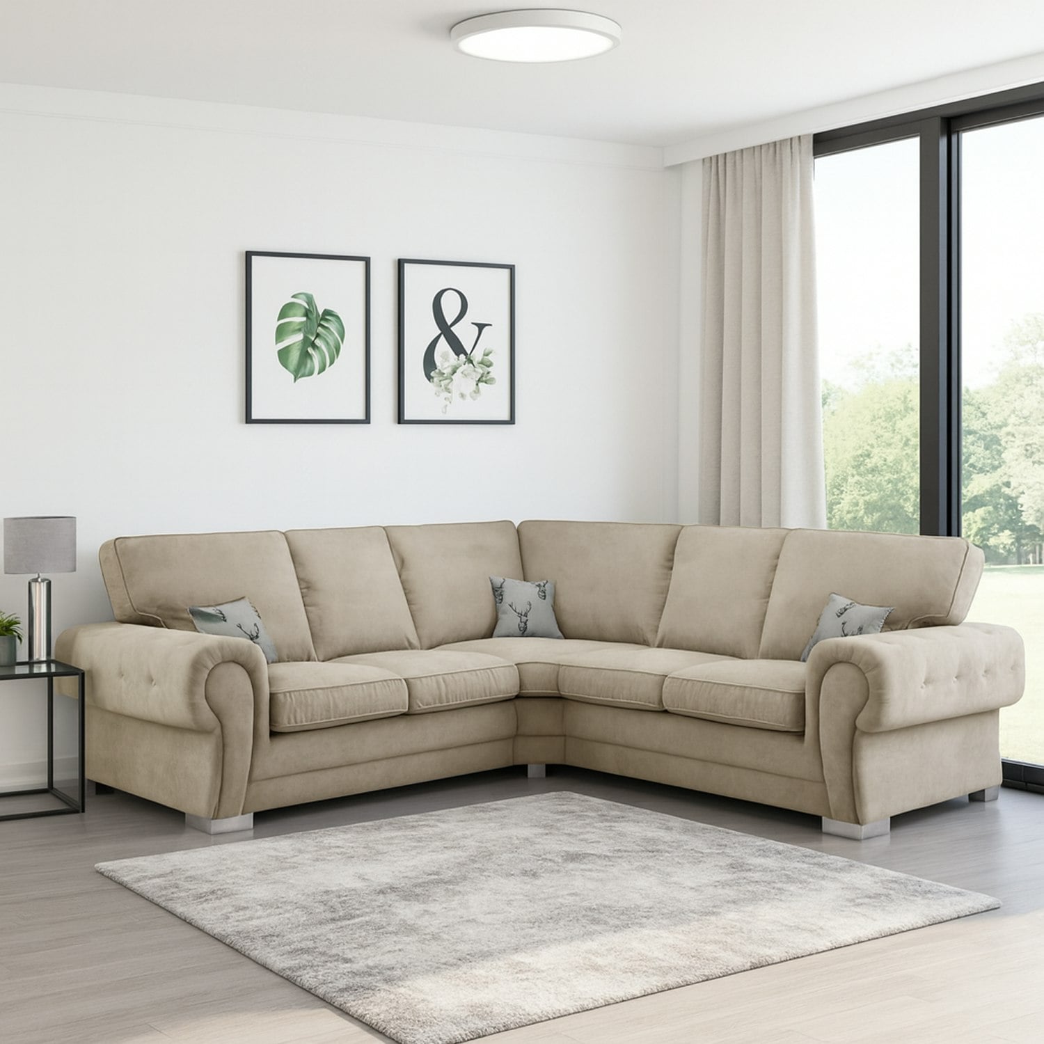 Rackhams Black/Grey Milan Chesterfield Fabric 5 Seater Corner Sofa - Full Back - Mink