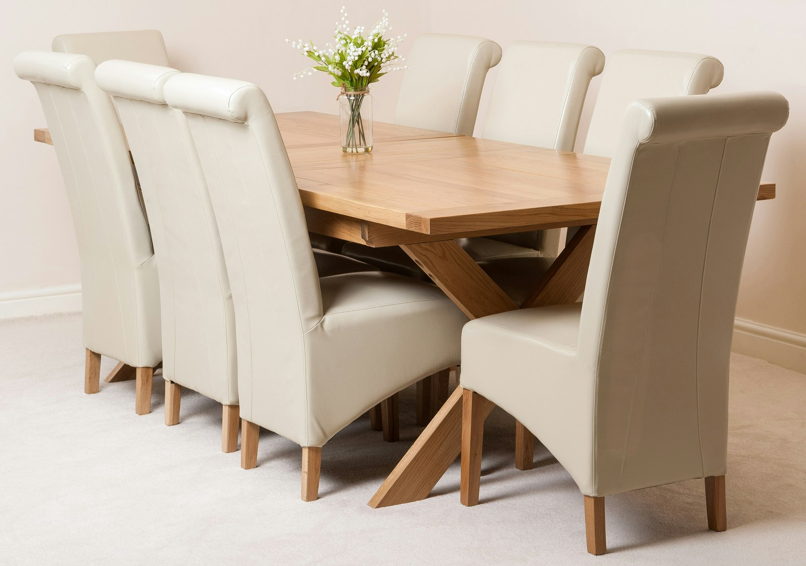 Rackhams Ivory Vermont Cross Leg Oak Extending Dining Table With Montana Leather Chairs - 8 Chairs