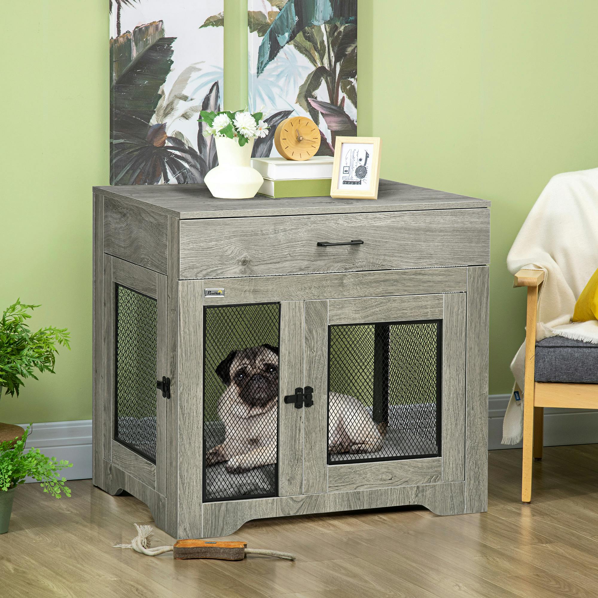 Pawhut Modern Pet Crate End Table W/ Double Doors, Drawer, For Medium Dogs
