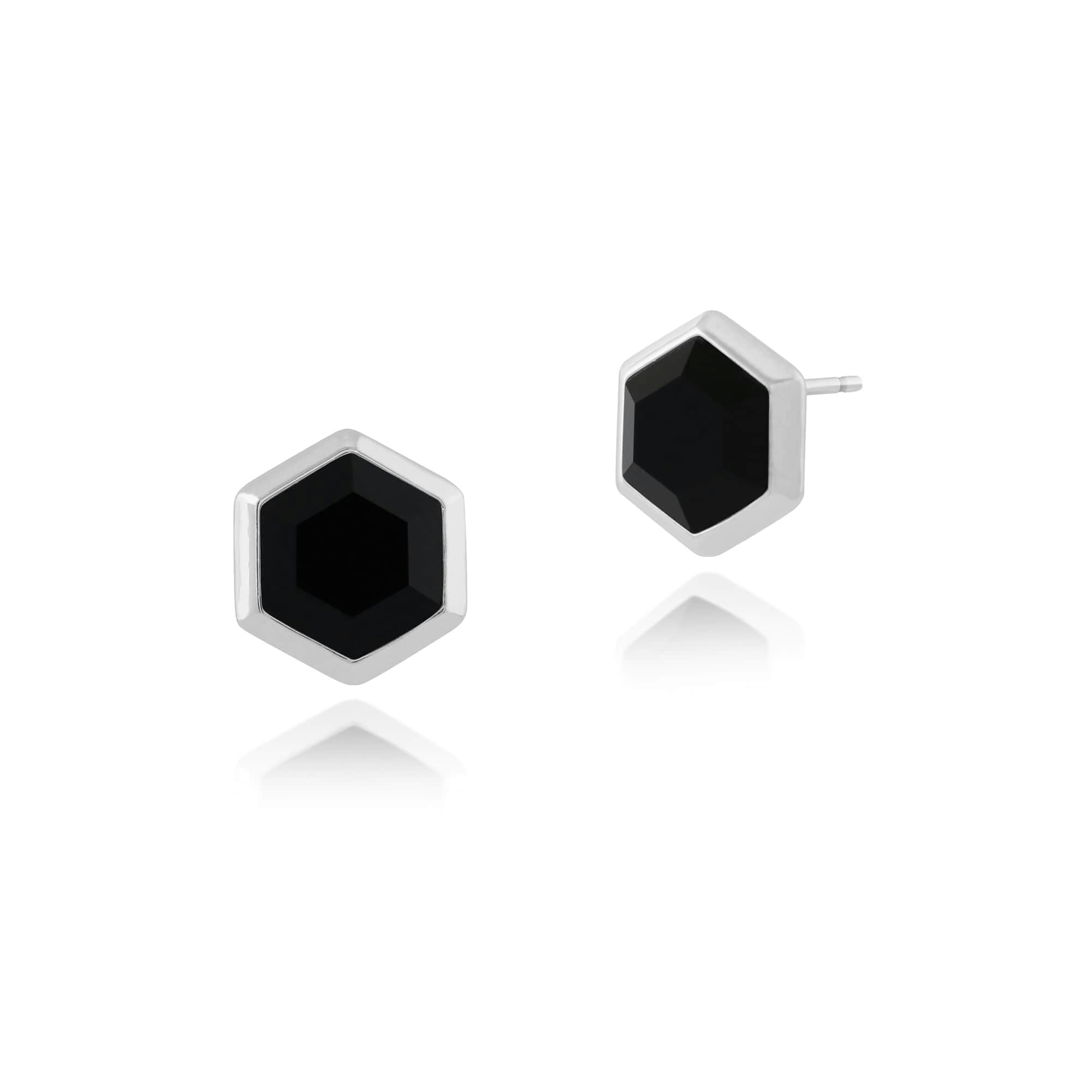 Gemondo Black/Onyx/Silver Geometric Hexagon Stud Earrings In 925 Sterling