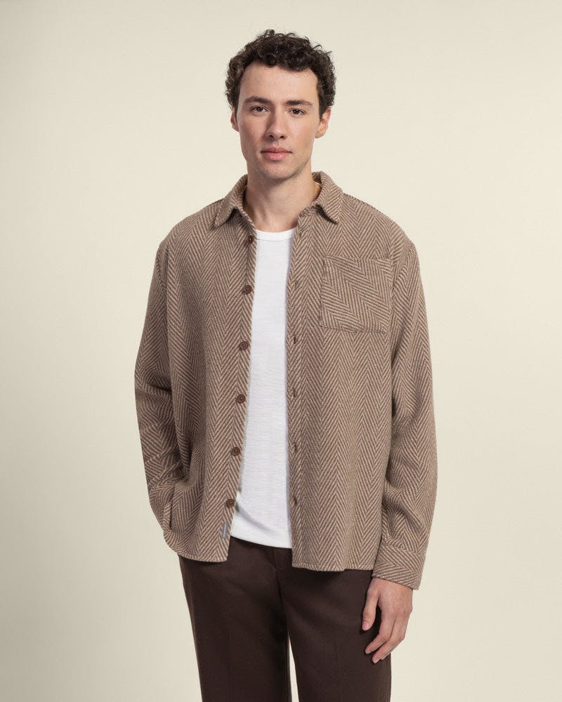 Larsson & Co Brown & Stone Herringbone Textured Overshirt - M