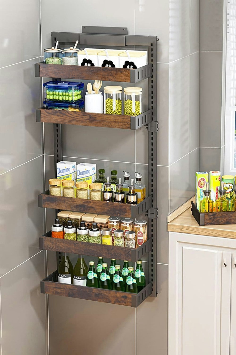 Rackhams Black 6-Tier Steel Wooden Detachable Kitchen Pantry Organizer Hanging Over Door No Drilling