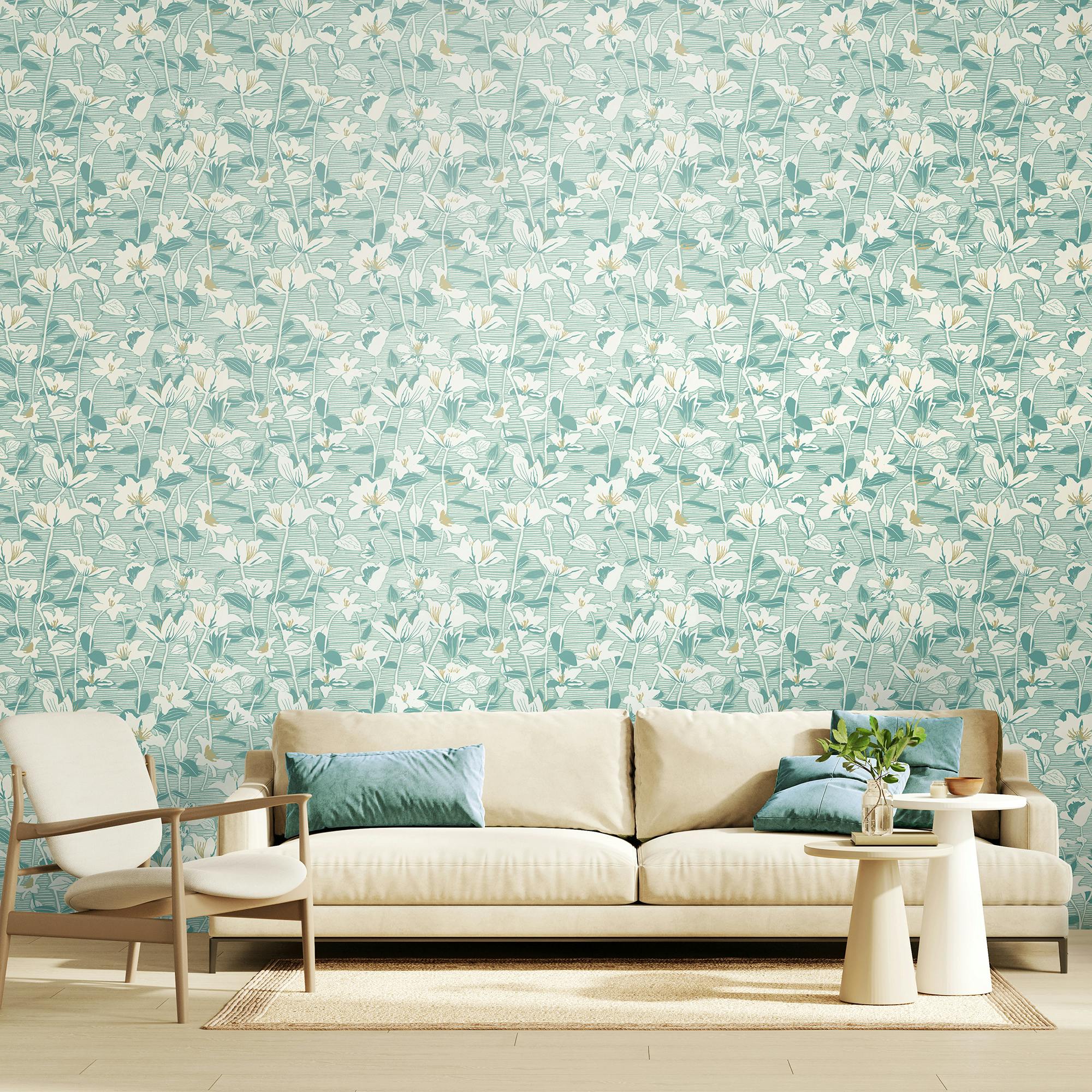 Hoopla Walls Lino Leaves - Duck Egg 10M Wallpaper