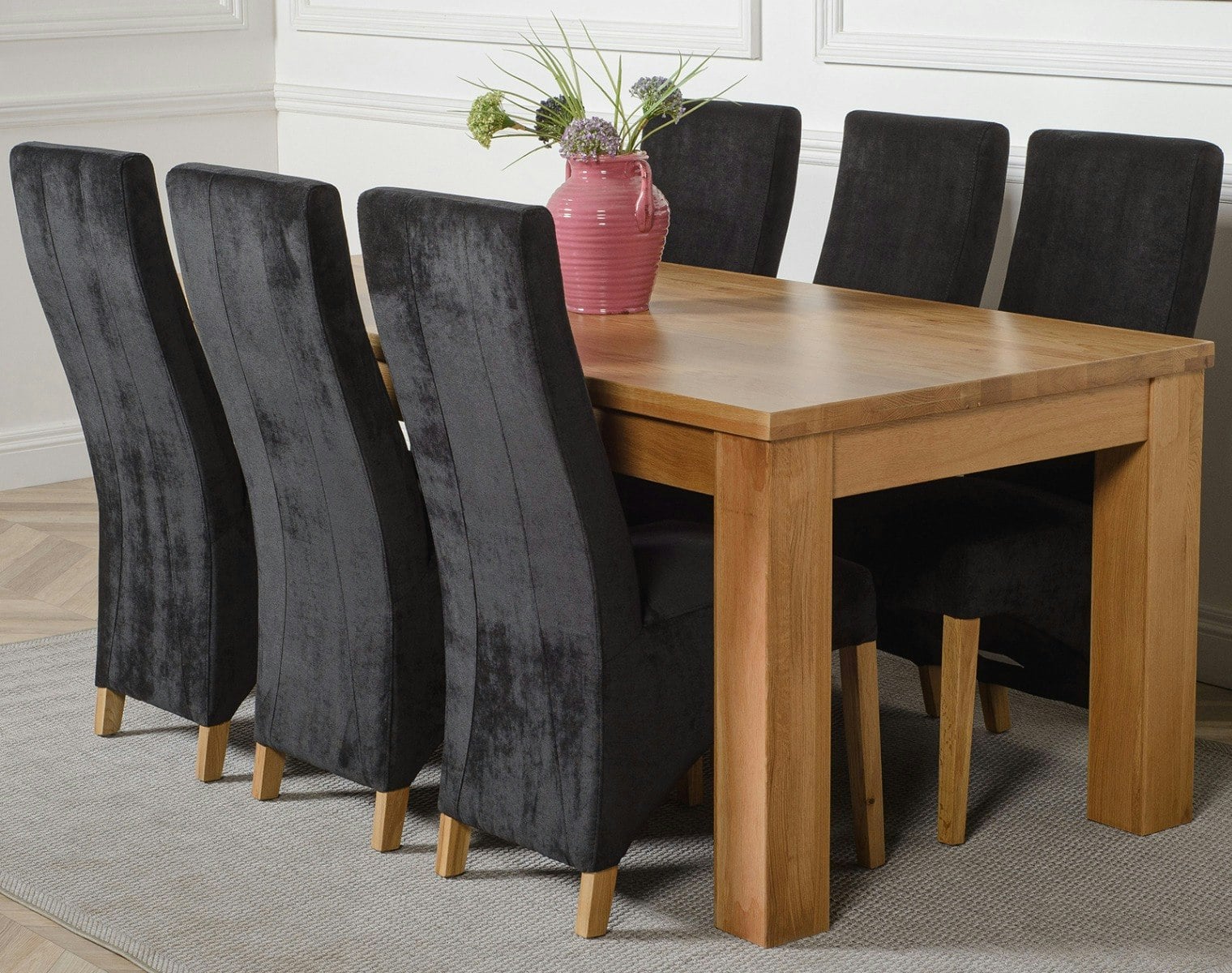 Rackhams Black Dakota Large Oak Dining Table With Lola Fabric Chairs - 6 Chairs