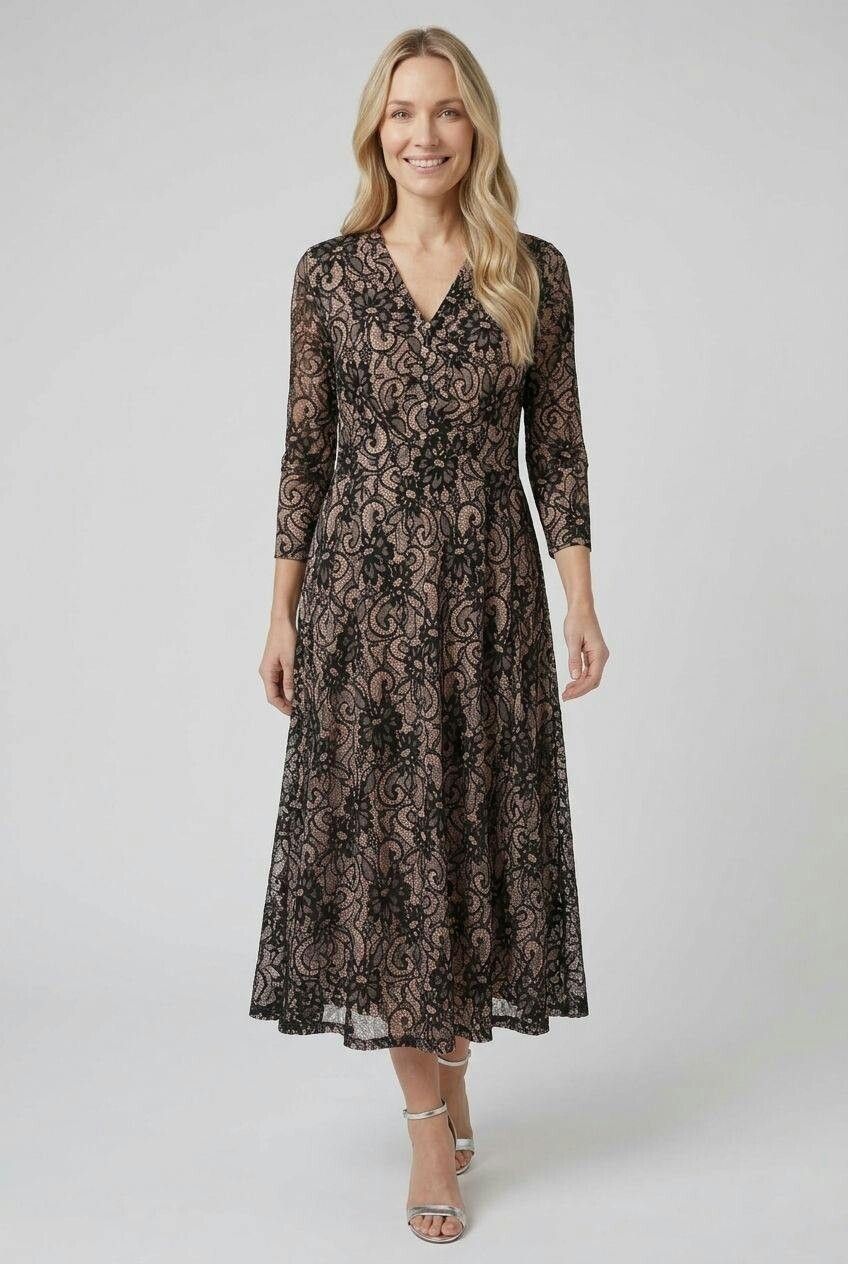 Izabel London Beige Floral Texture 3/4 Sleeve Midi Dress - 12