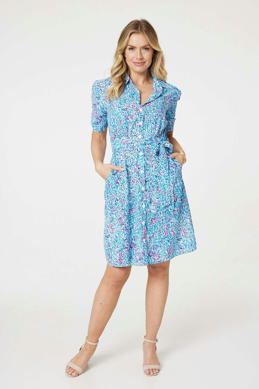 Izabel London Blue Printed Tie Waist Short Shirt Dress - 16