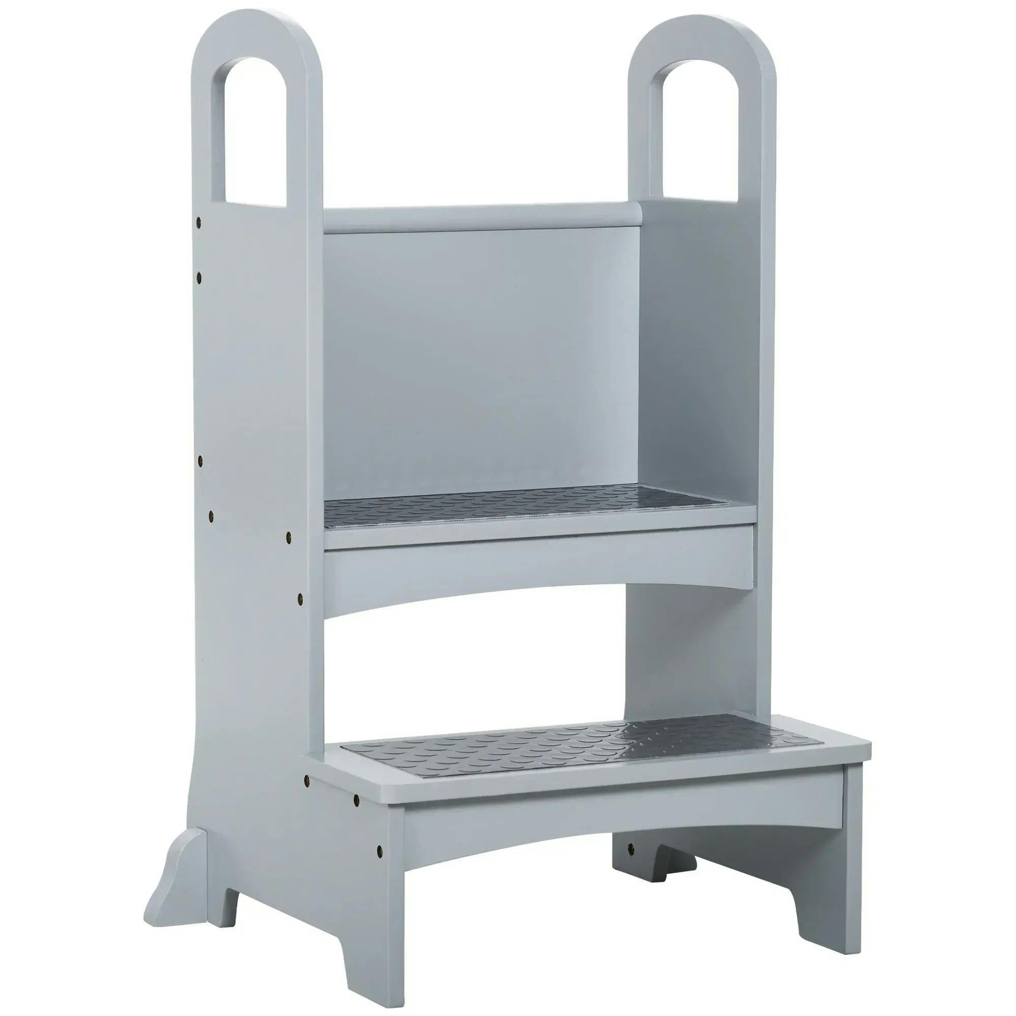 Homcom Unisex Grey Kids Wooden 2-Step Stool Mini Ladder Assistance Unit W/ Non-Slip Panels Size 3 - Image 6