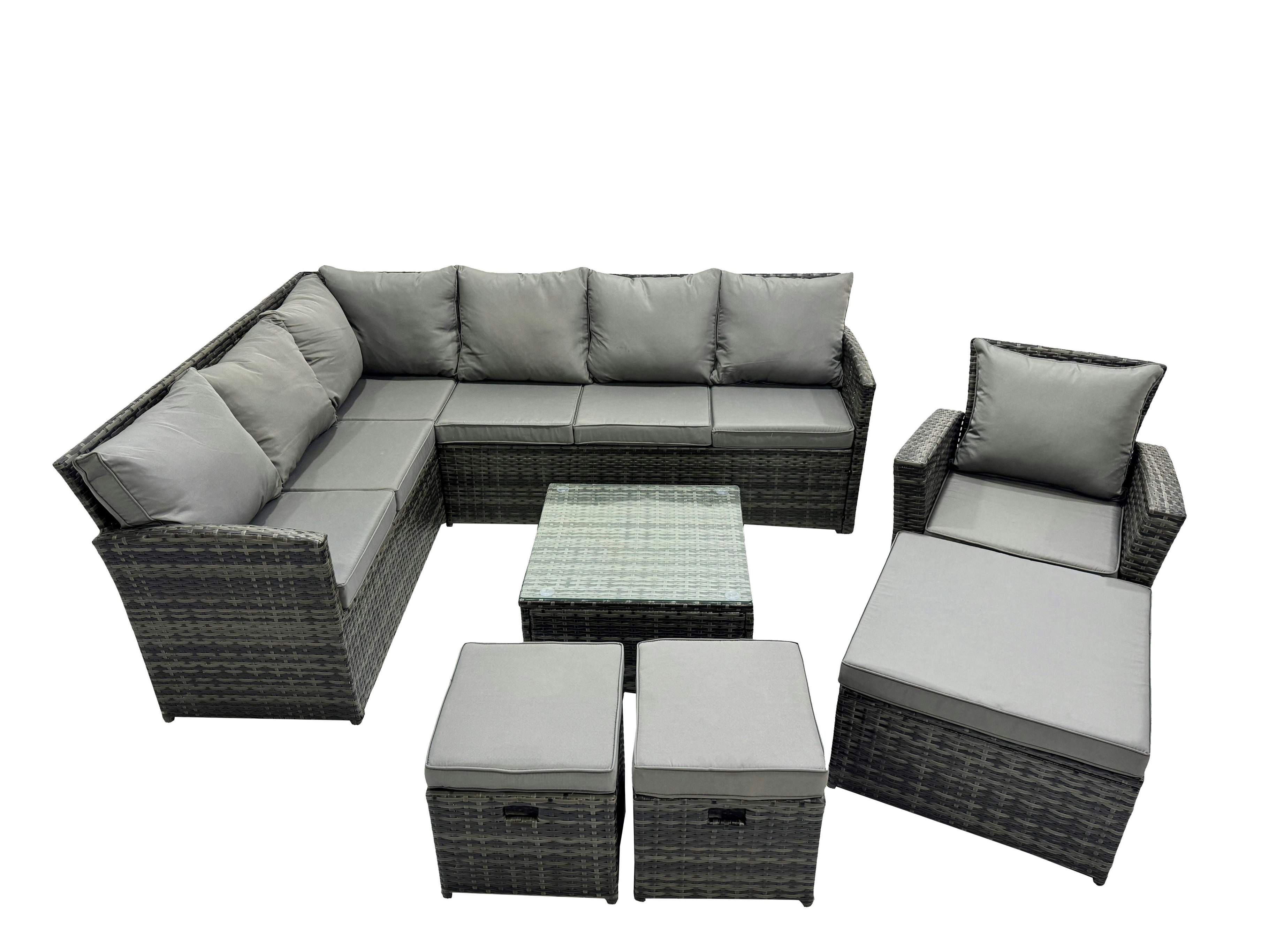 Rackhams Dark/Grey 10 Seat Poly Rattan Outdoor Patio Coffee Table Corner Sofa Set With 3 Stool Chair For Garden Backyard Mixed