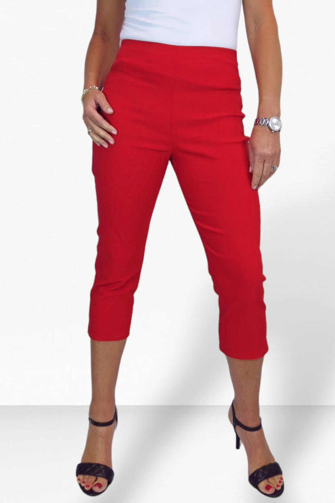 Paulo Due Women's Red Slim Leg Elastic Waist Cropped Trousers - 20